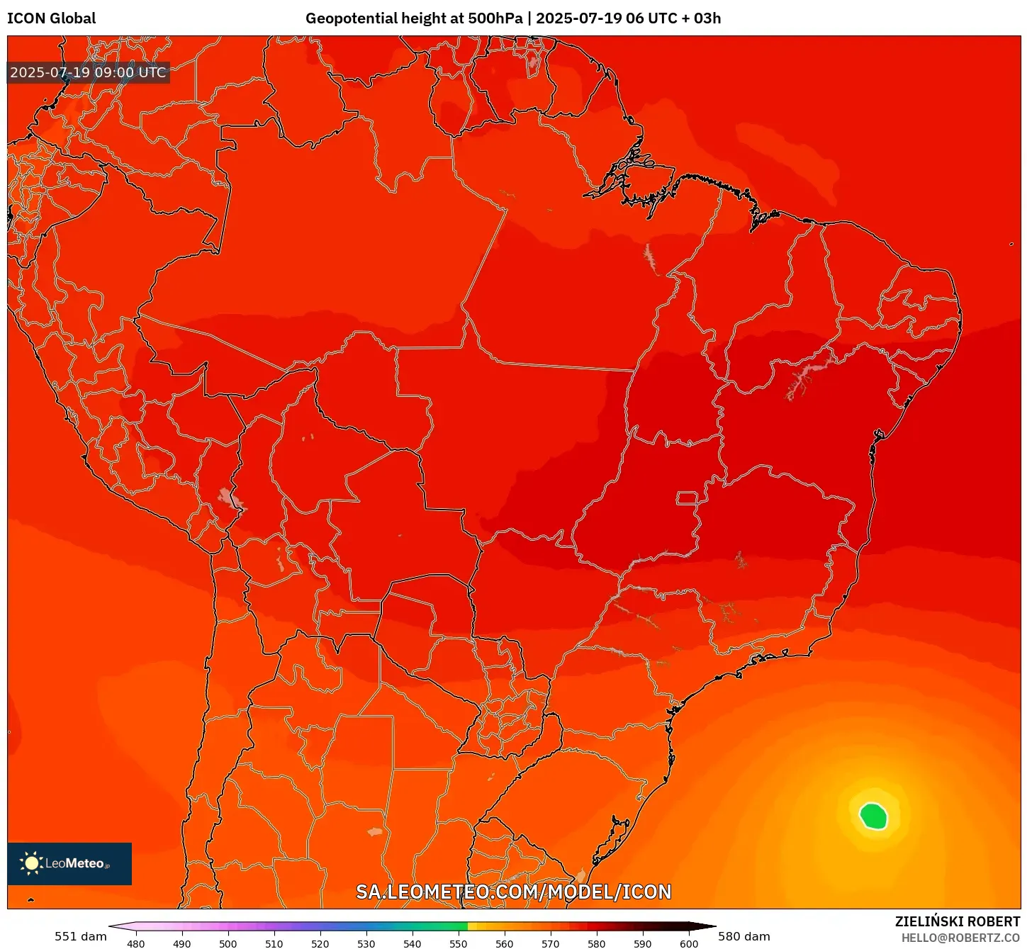 ICON model - Brazil, Geopotential height at 500hPa