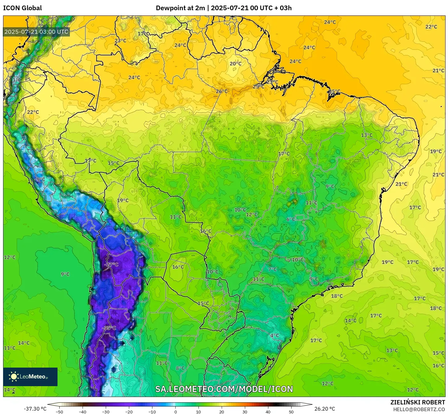 ICON model - Brazil, Dewpoint at 2m ICON model - Brazil, Dewpoint at 2m