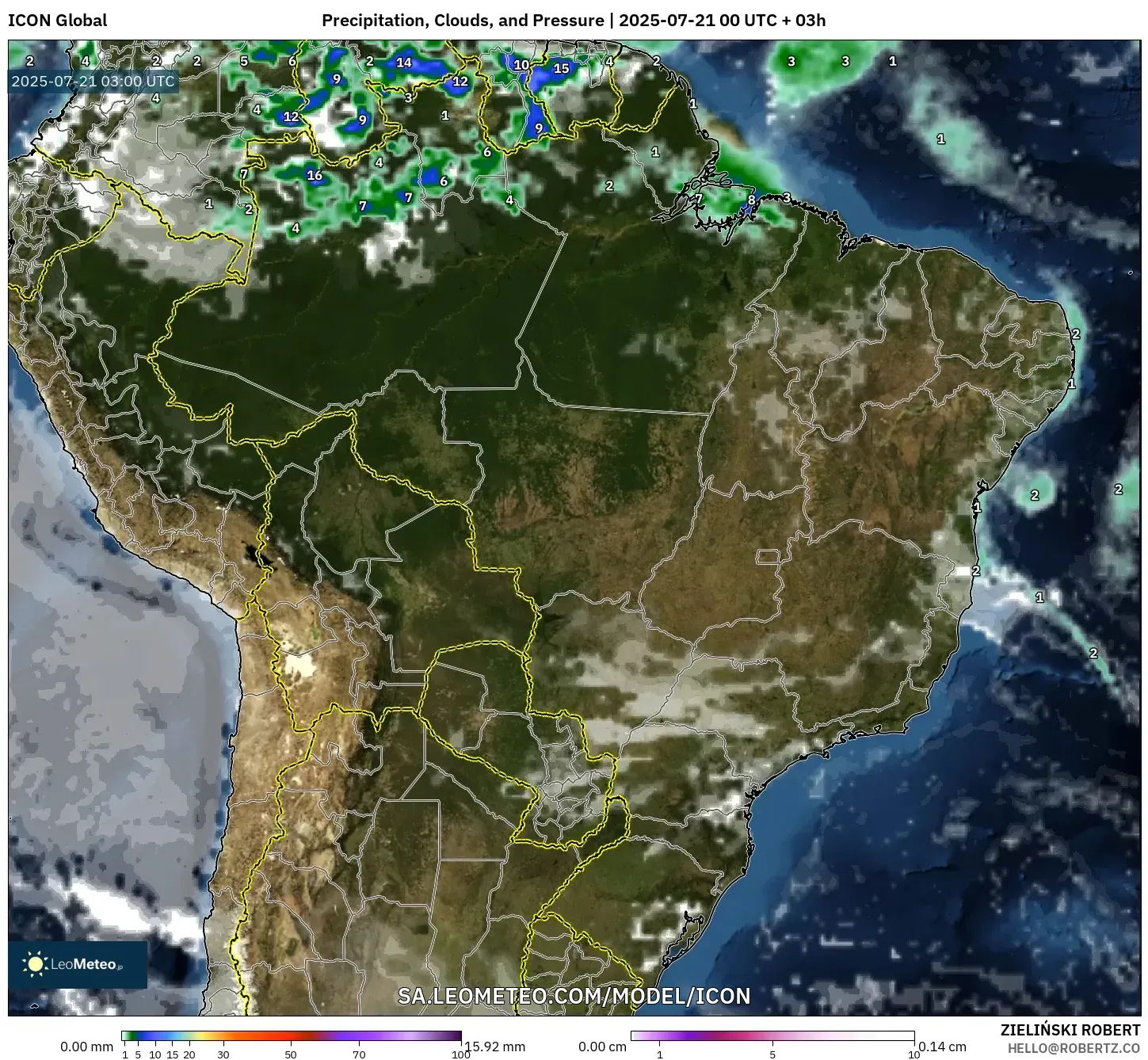 ICON model - Brazil, Precipitation, Clouds, and Pressure ICON model - Brazil, Precipitation, Clouds, and Pressure