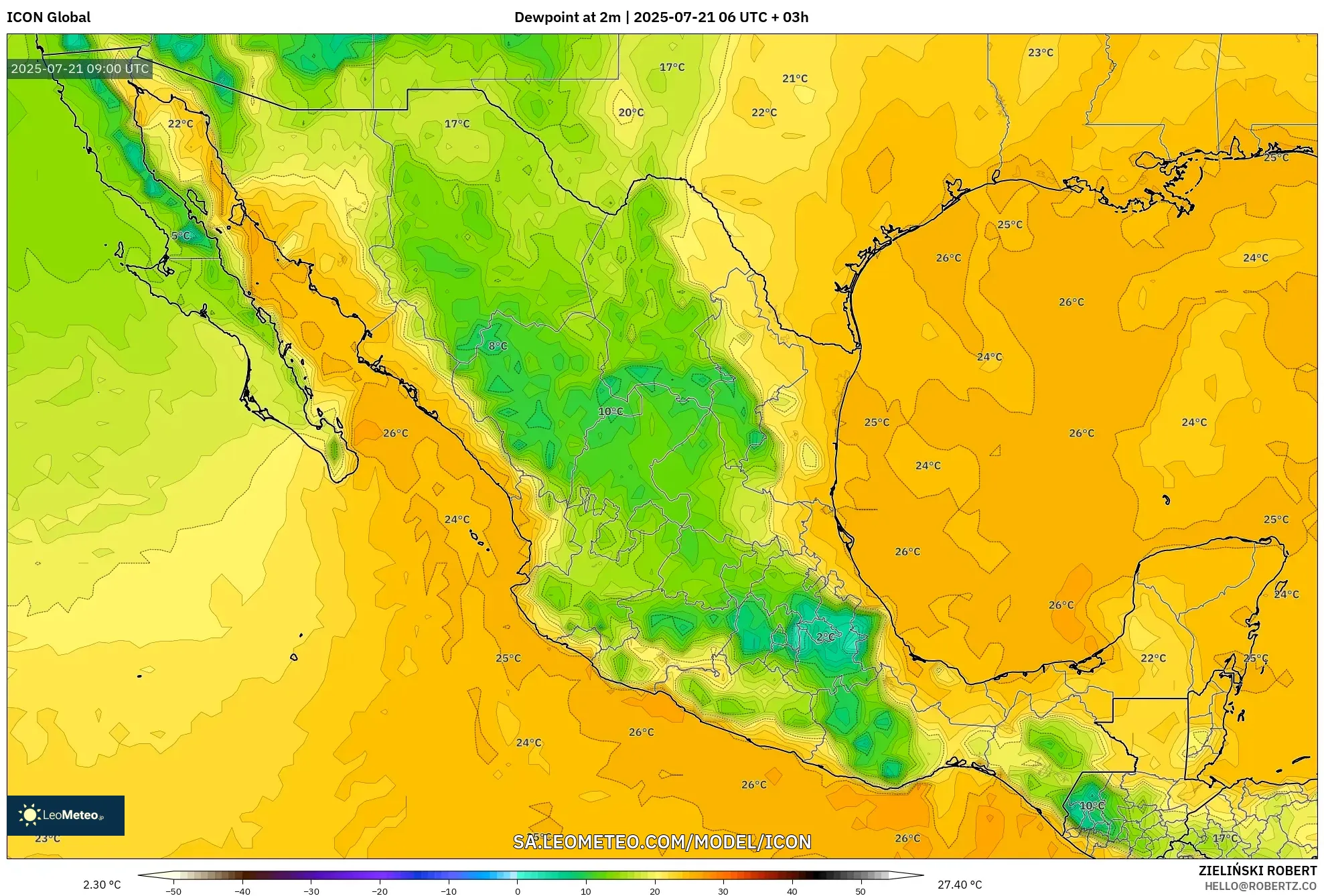 ICON model - Mexico, Dewpoint at 2m ICON model - Mexico, Dewpoint at 2m
