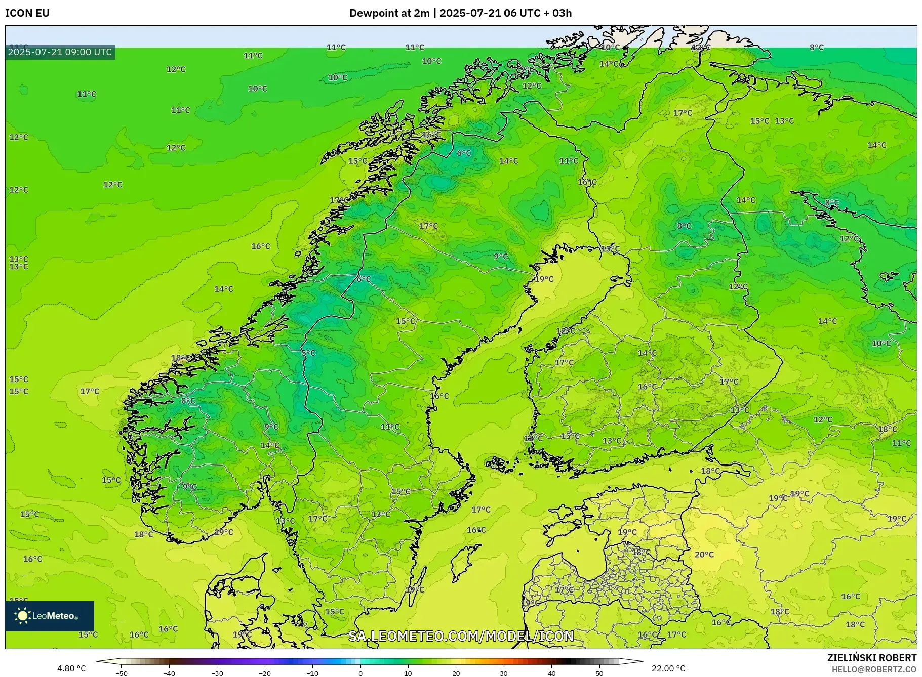 ICON model - Scandinavia, Dewpoint at 2m