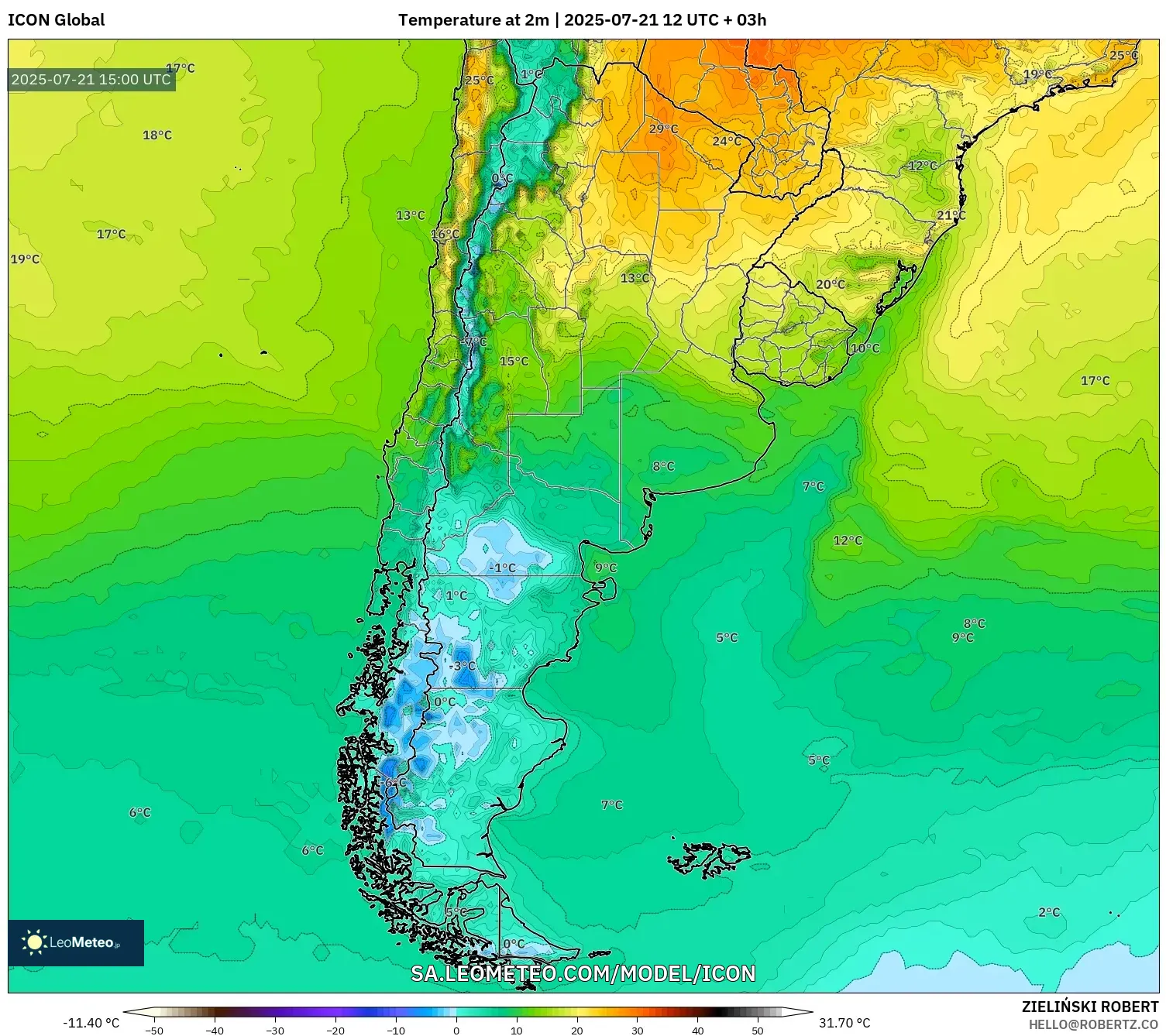 ICON model - Argentina, Temperature at 2m ICON model - Argentina, Temperature at 2m