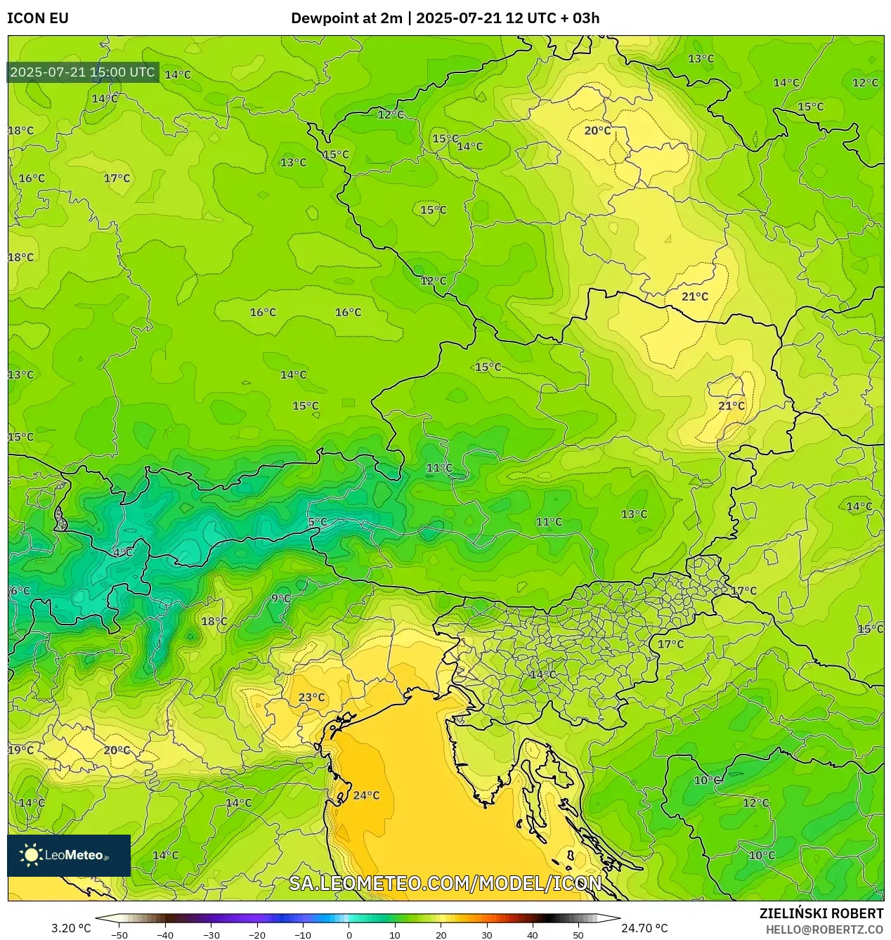 ICON model - Austria, Dewpoint at 2m ICON model - Austria, Dewpoint at 2m