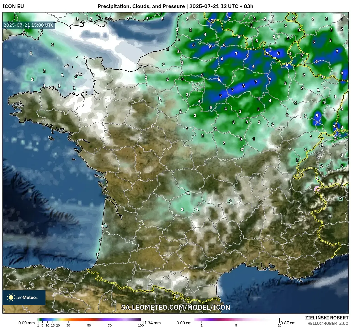 ICON model - France, Precipitation, Clouds, and Pressure ICON model - France, Precipitation, Clouds, and Pressure