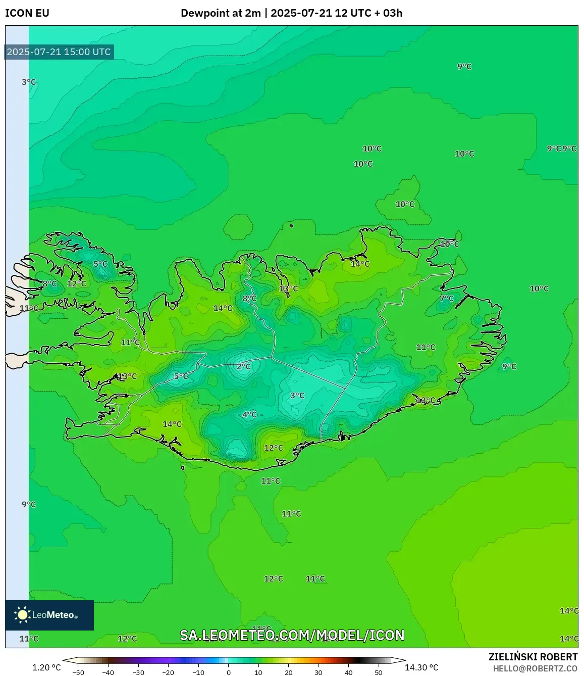 ICON model - Iceland, Dewpoint at 2m ICON model - Iceland, Dewpoint at 2m