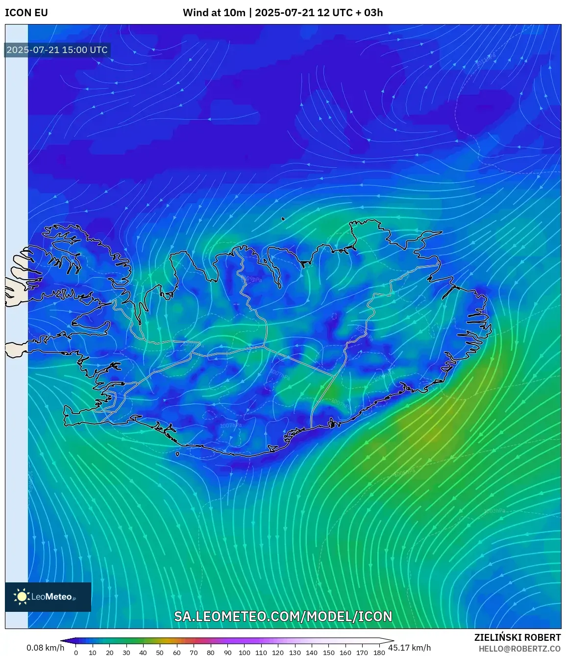 ICON model - Iceland, Wind at 10m ICON model - Iceland, Wind at 10m