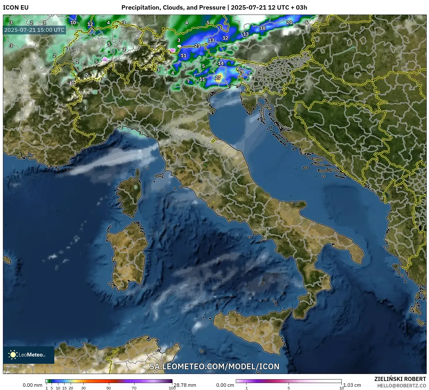 ICON model - Italy, Precipitation, Clouds, and Pressure ICON model - Italy, Precipitation, Clouds, and Pressure