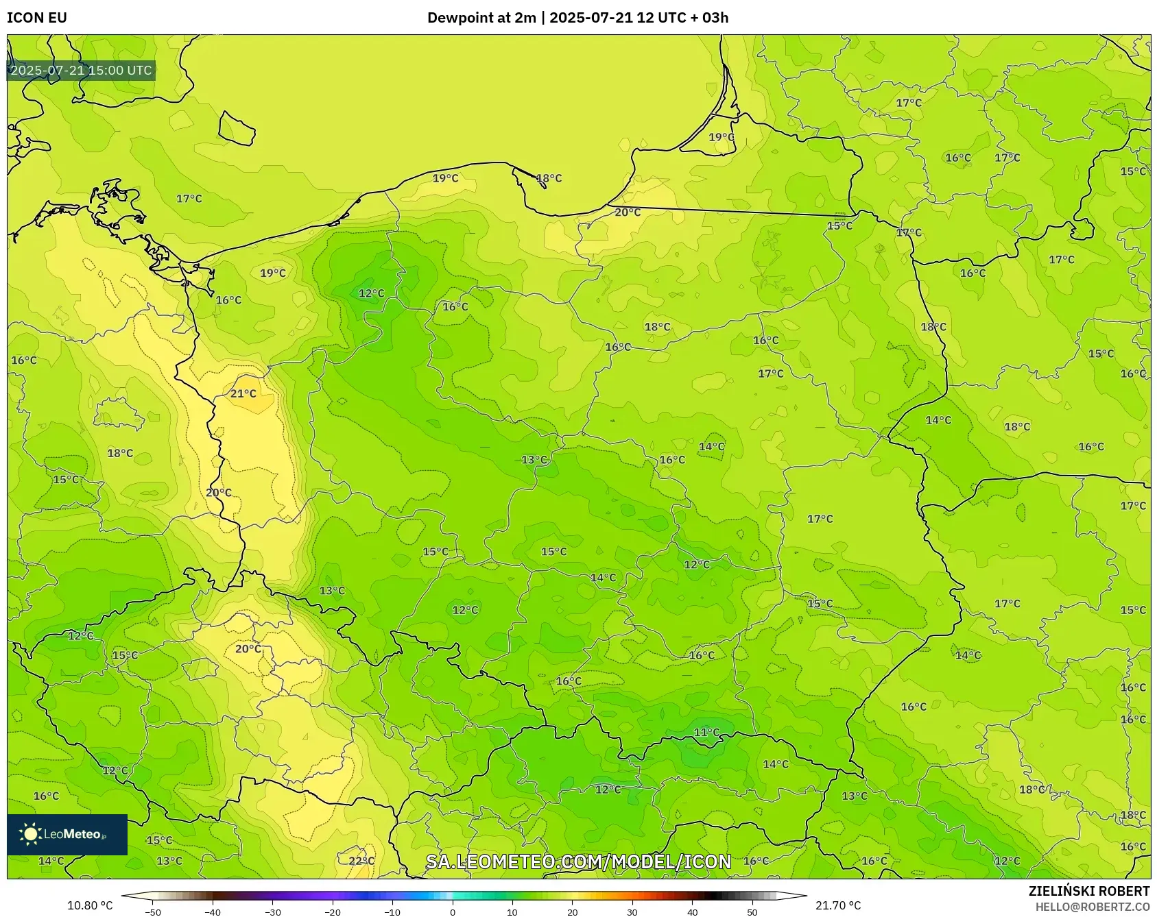 ICON model - Poland, Dewpoint at 2m ICON model - Poland, Dewpoint at 2m