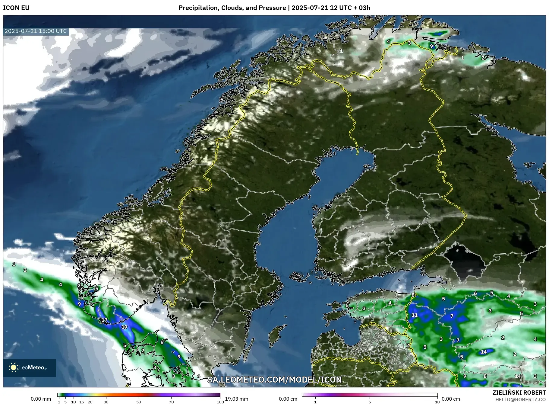 ICON model - Scandinavia, Precipitation, Clouds, and Pressure ICON model - Scandinavia, Precipitation, Clouds, and Pressure