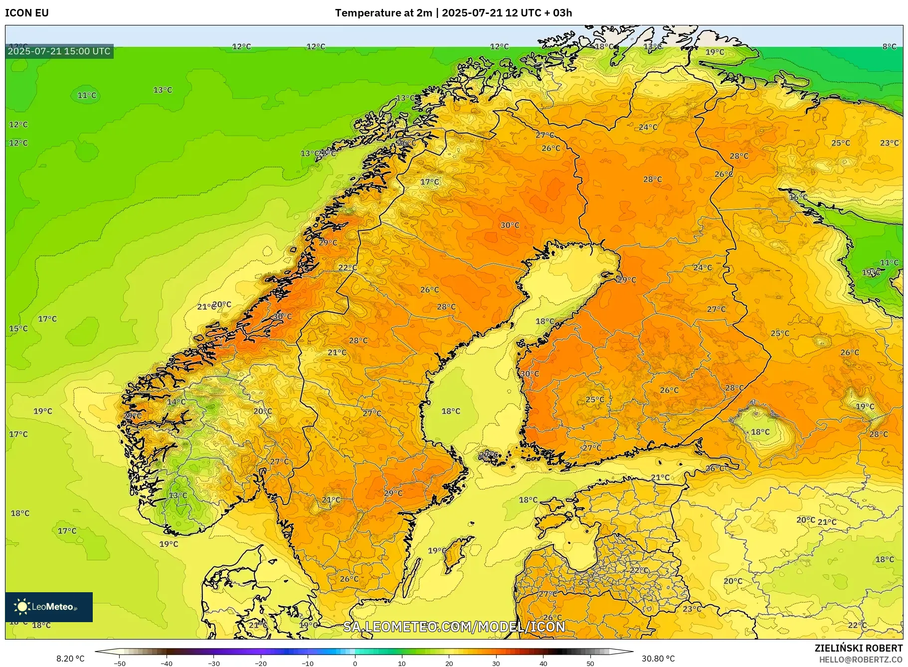 ICON model - Scandinavia, Temperature at 2m ICON model - Scandinavia, Temperature at 2m