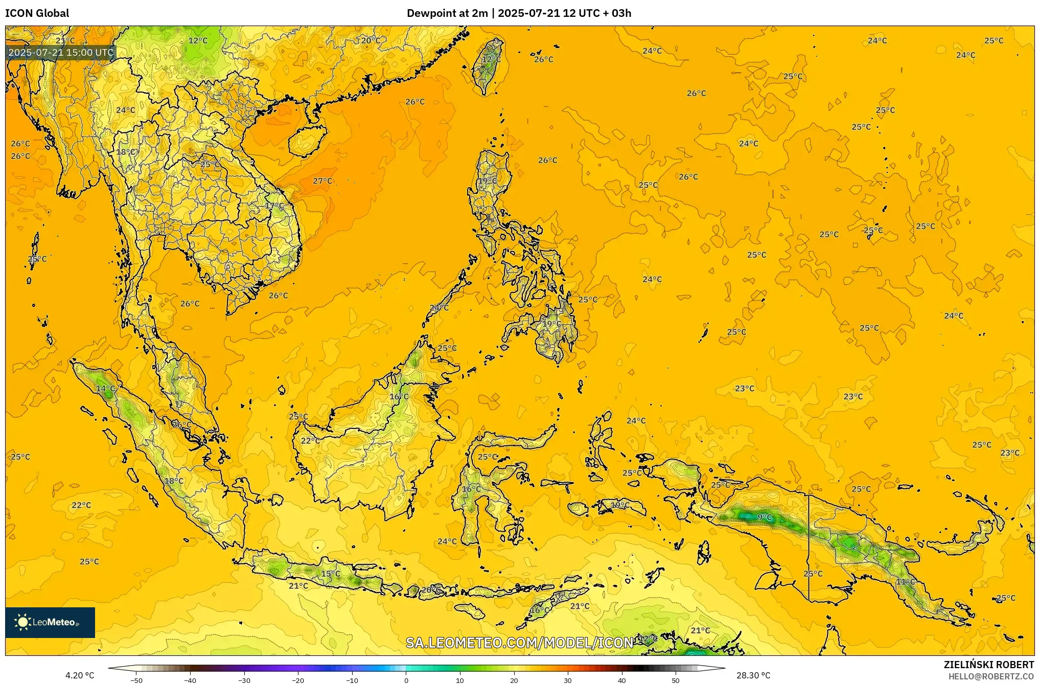 ICON model - South East Asia, Dewpoint at 2m