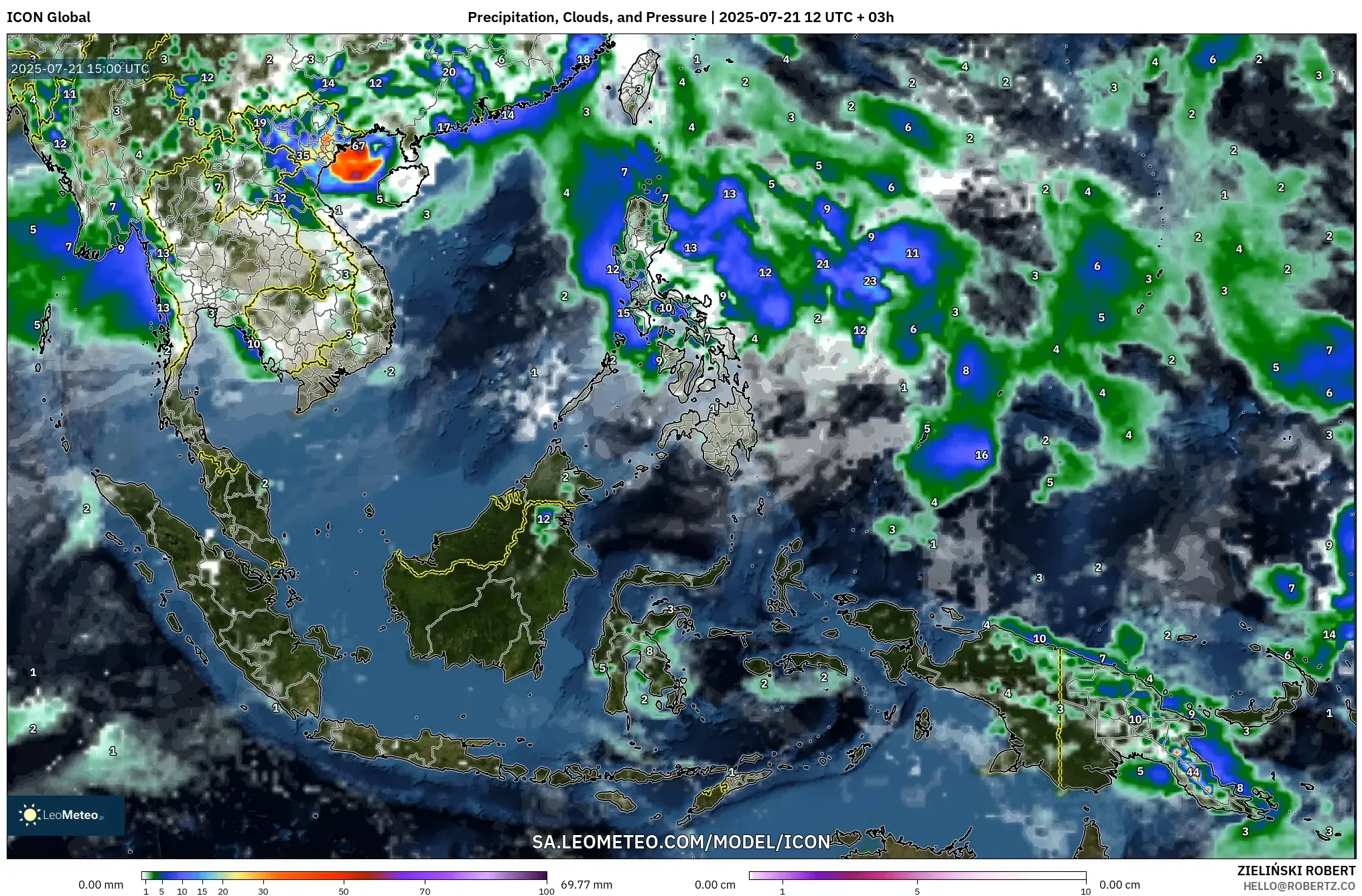 ICON model - South East Asia, Precipitation, Clouds, and Pressure ICON model - South East Asia, Precipitation, Clouds, and Pressure