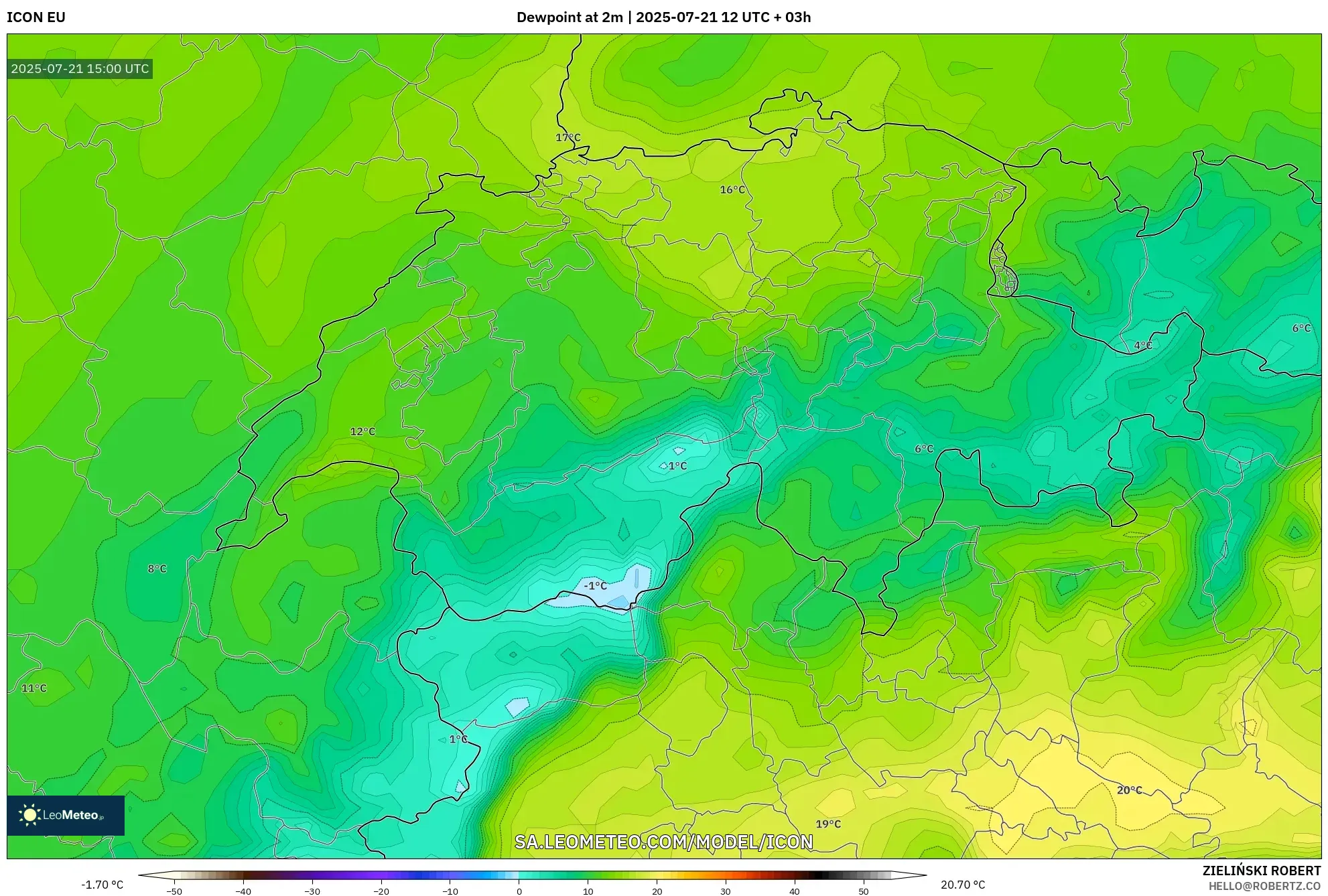 ICON model - Switzerland, Dewpoint at 2m ICON model - Switzerland, Dewpoint at 2m