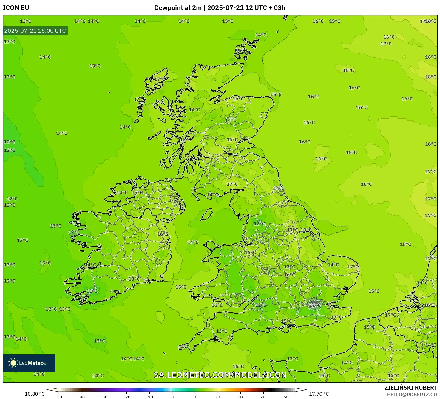 ICON model - United Kingdom, Dewpoint at 2m ICON model - United Kingdom, Dewpoint at 2m
