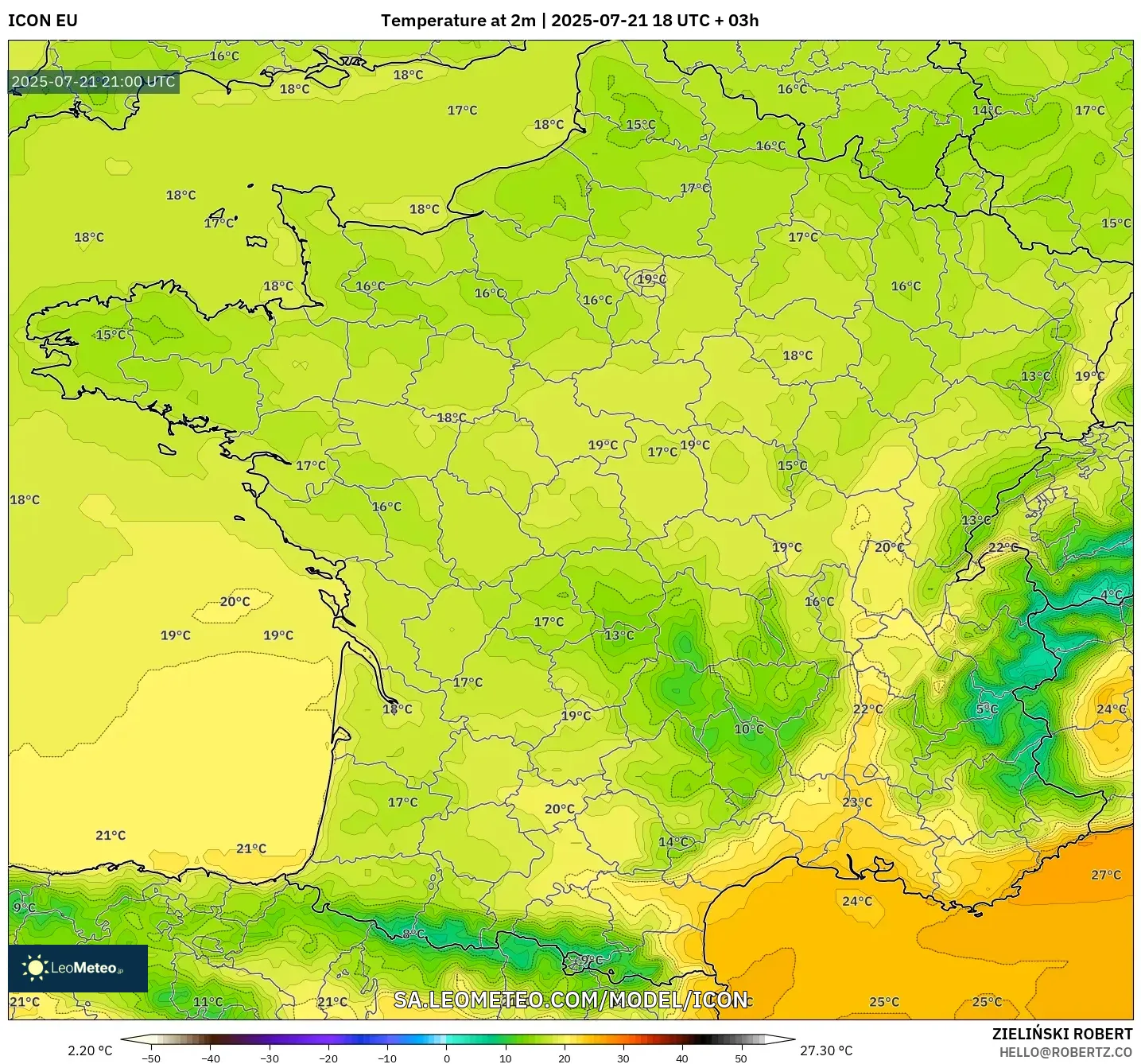 ICON model - France, Temperature at 2m ICON model - France, Temperature at 2m