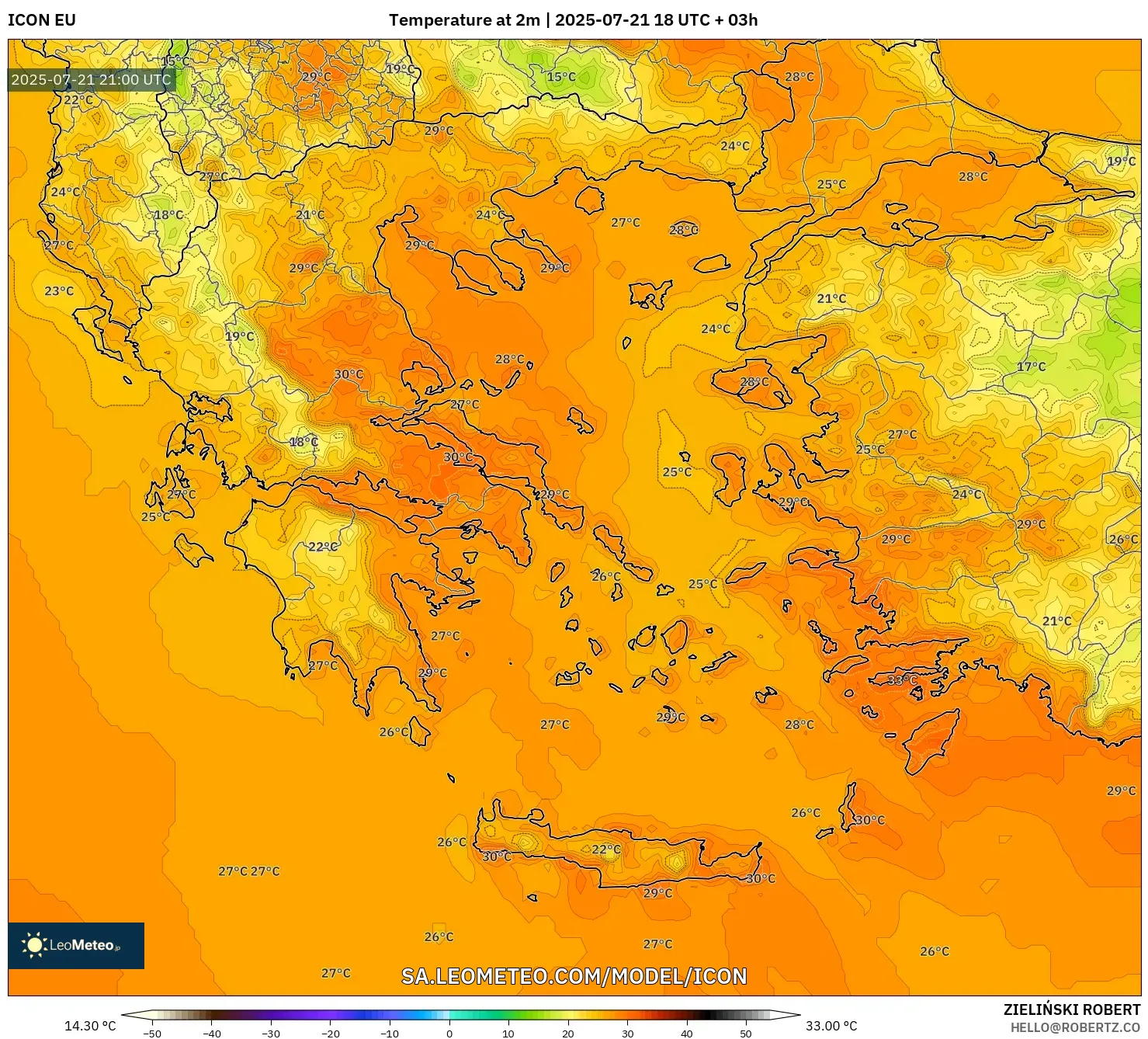 ICON model - Greece, Temperature at 2m ICON model - Greece, Temperature at 2m