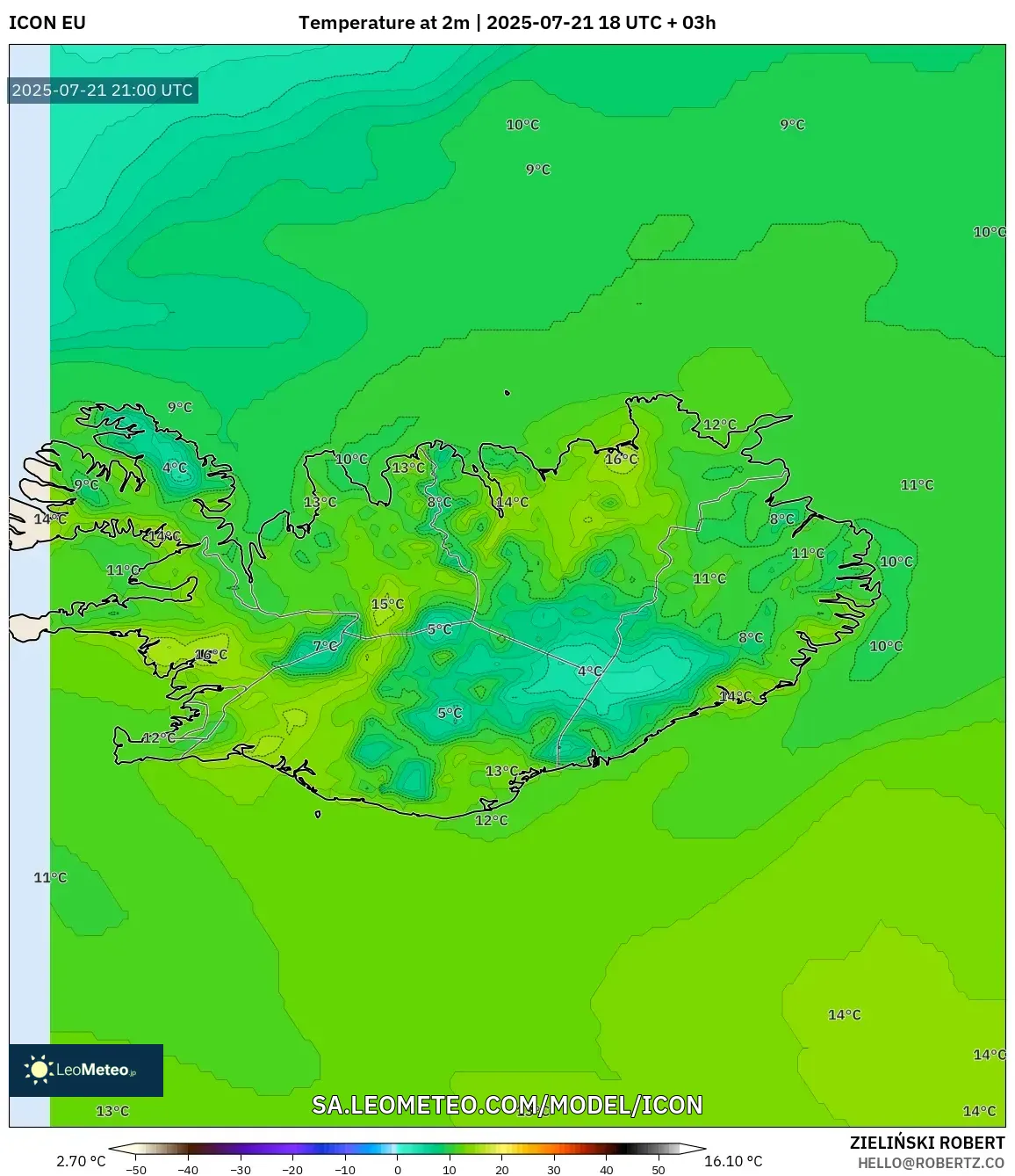 ICON model - Iceland, Temperature at 2m ICON model - Iceland, Temperature at 2m
