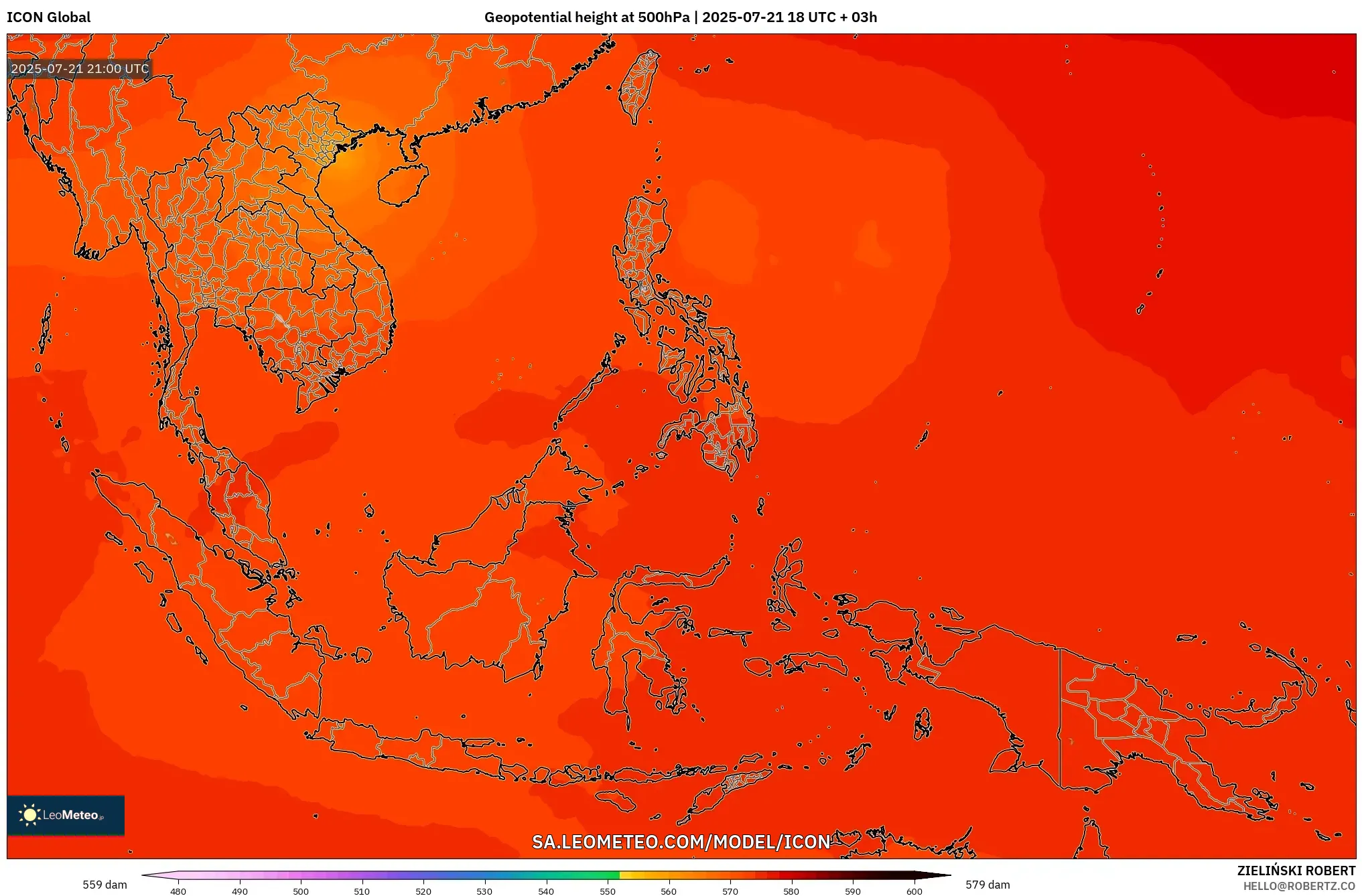ICON model - South East Asia, Geopotential height at 500hPa