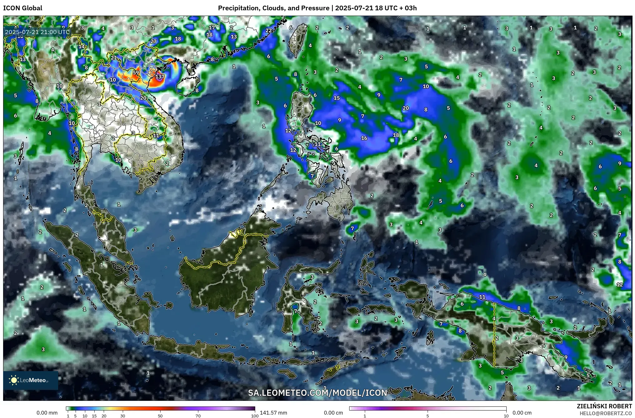 ICON model - South East Asia, Precipitation, Clouds, and Pressure