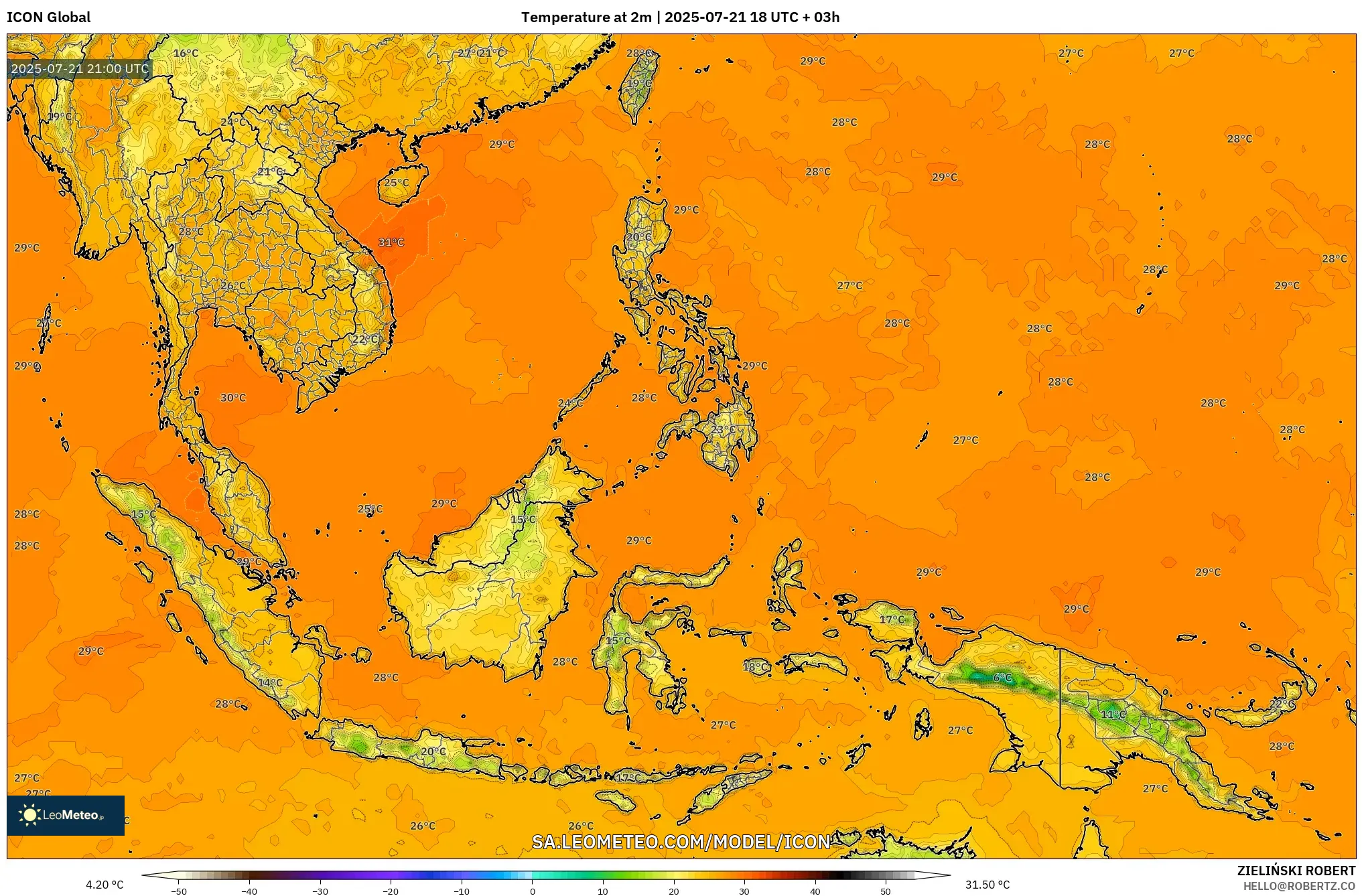 ICON model - South East Asia, Temperature at 2m ICON model - South East Asia, Temperature at 2m