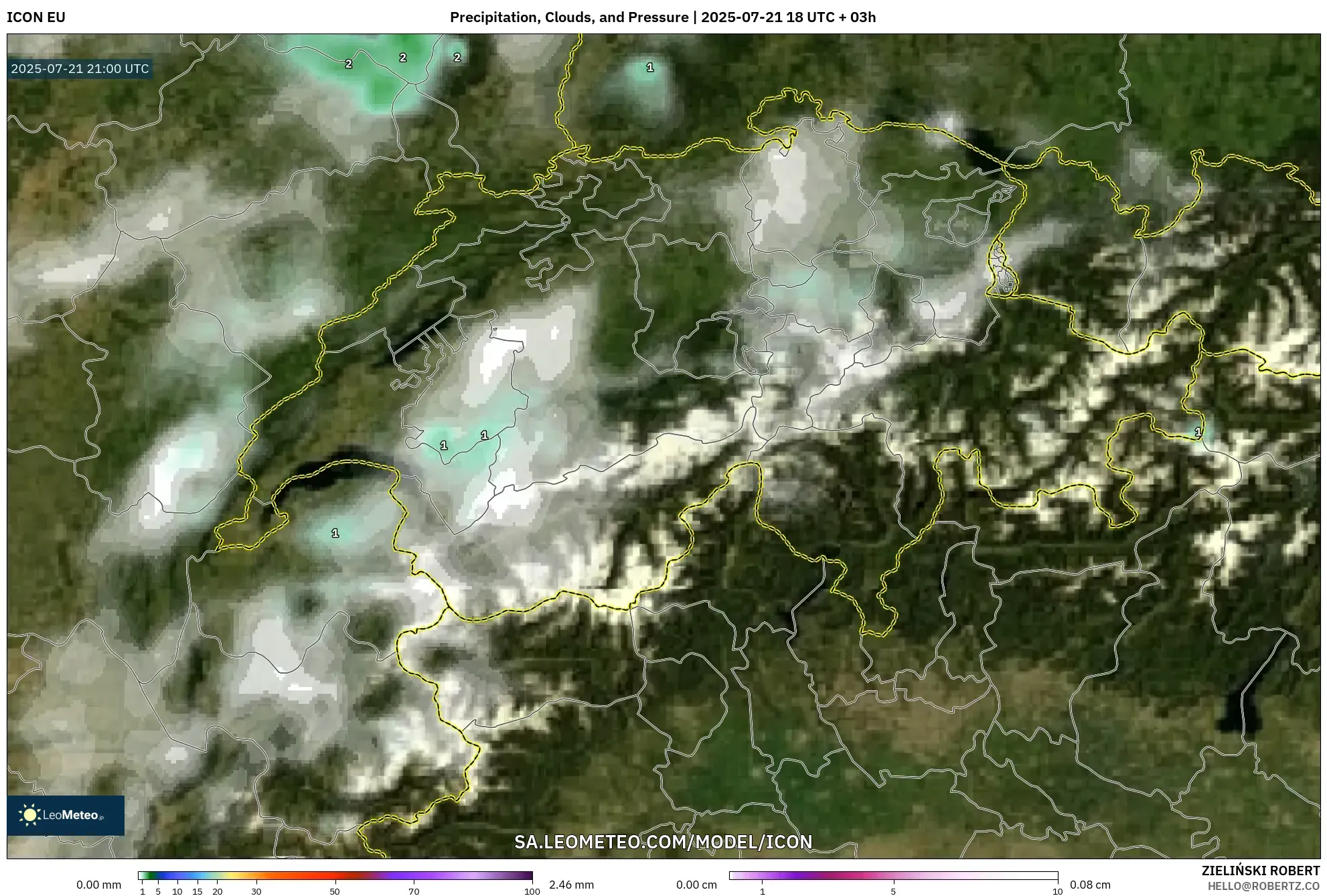 ICON model - Switzerland, Precipitation, Clouds, and Pressure ICON model - Switzerland, Precipitation, Clouds, and Pressure