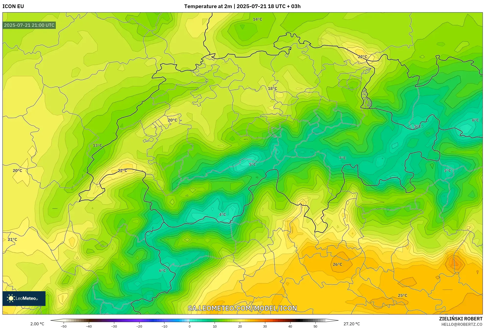 ICON model - Switzerland, Temperature at 2m ICON model - Switzerland, Temperature at 2m