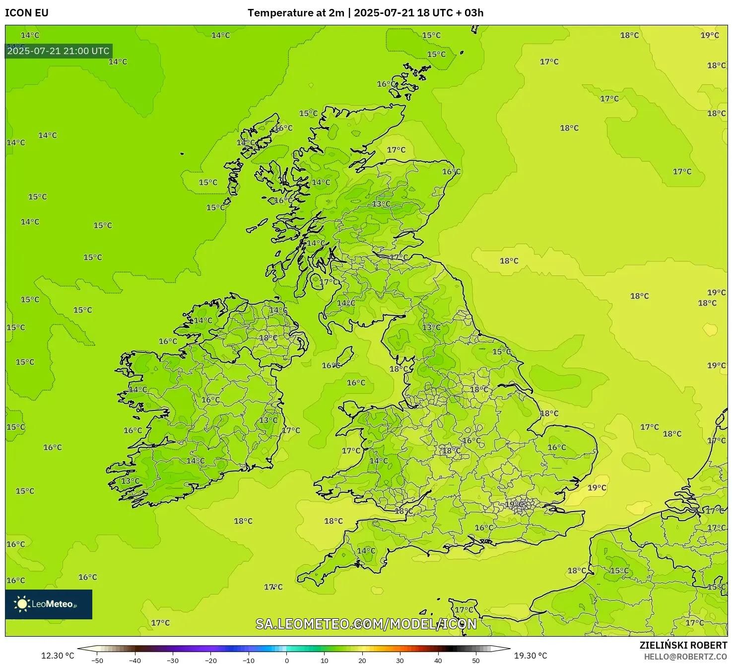 ICON model - United Kingdom, Temperature at 2m ICON model - United Kingdom, Temperature at 2m