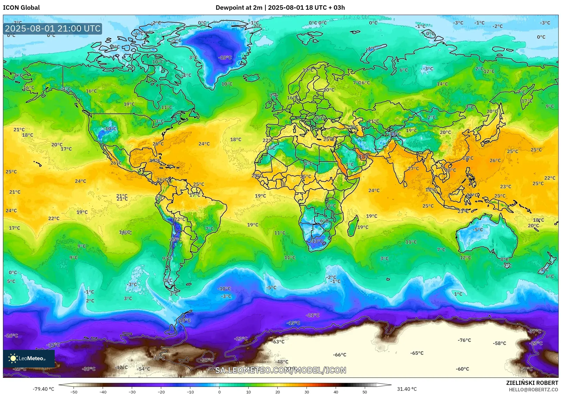 ICON model - World, Dewpoint at 2m