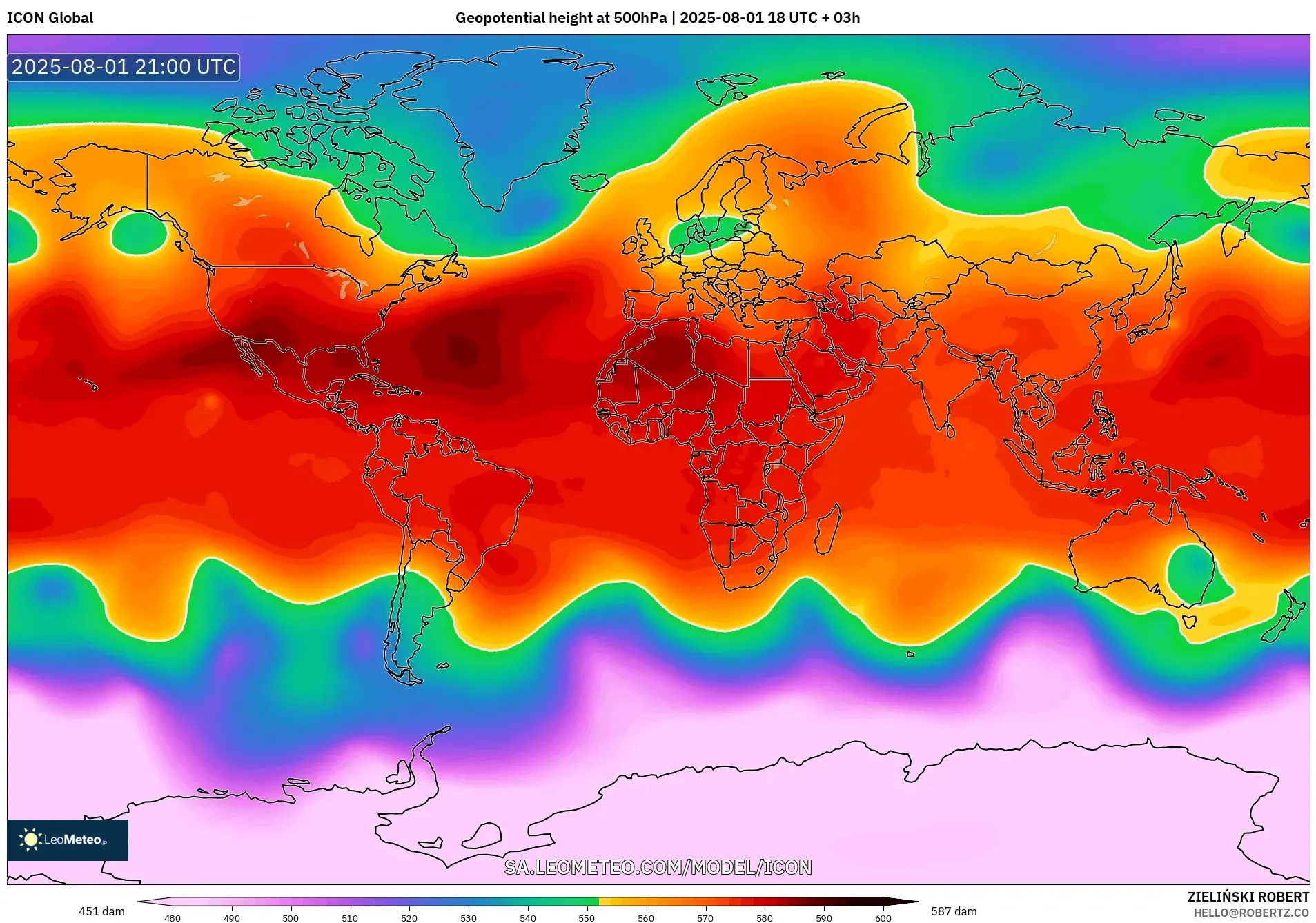 ICON model - World, Geopotential height at 500hPa ICON model - World, Geopotential height at 500hPa