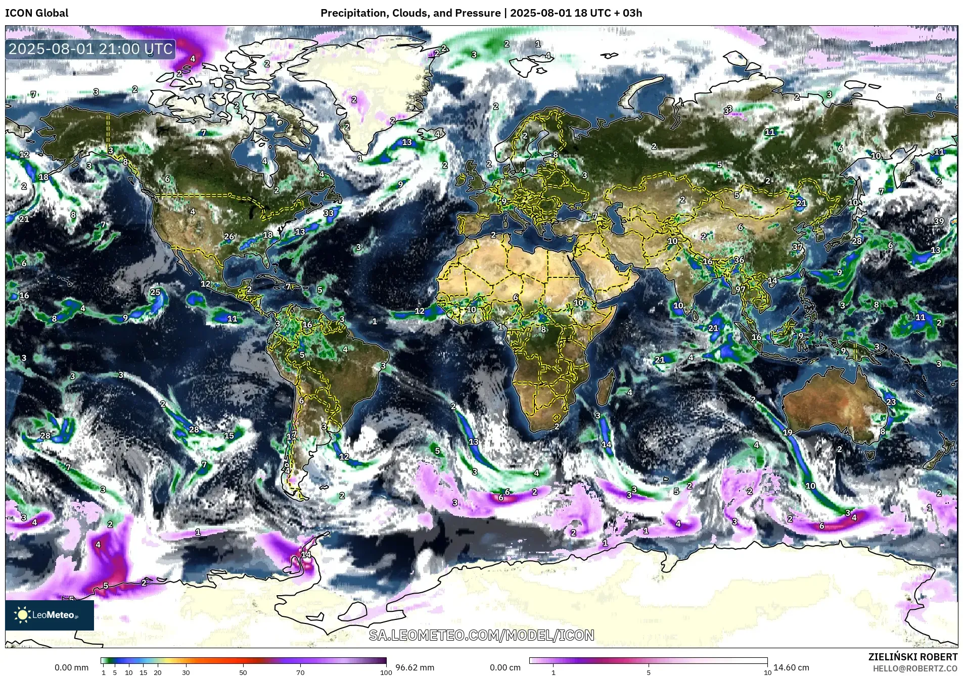 ICON model - World, Precipitation, Clouds, and Pressure ICON model - World, Precipitation, Clouds, and Pressure