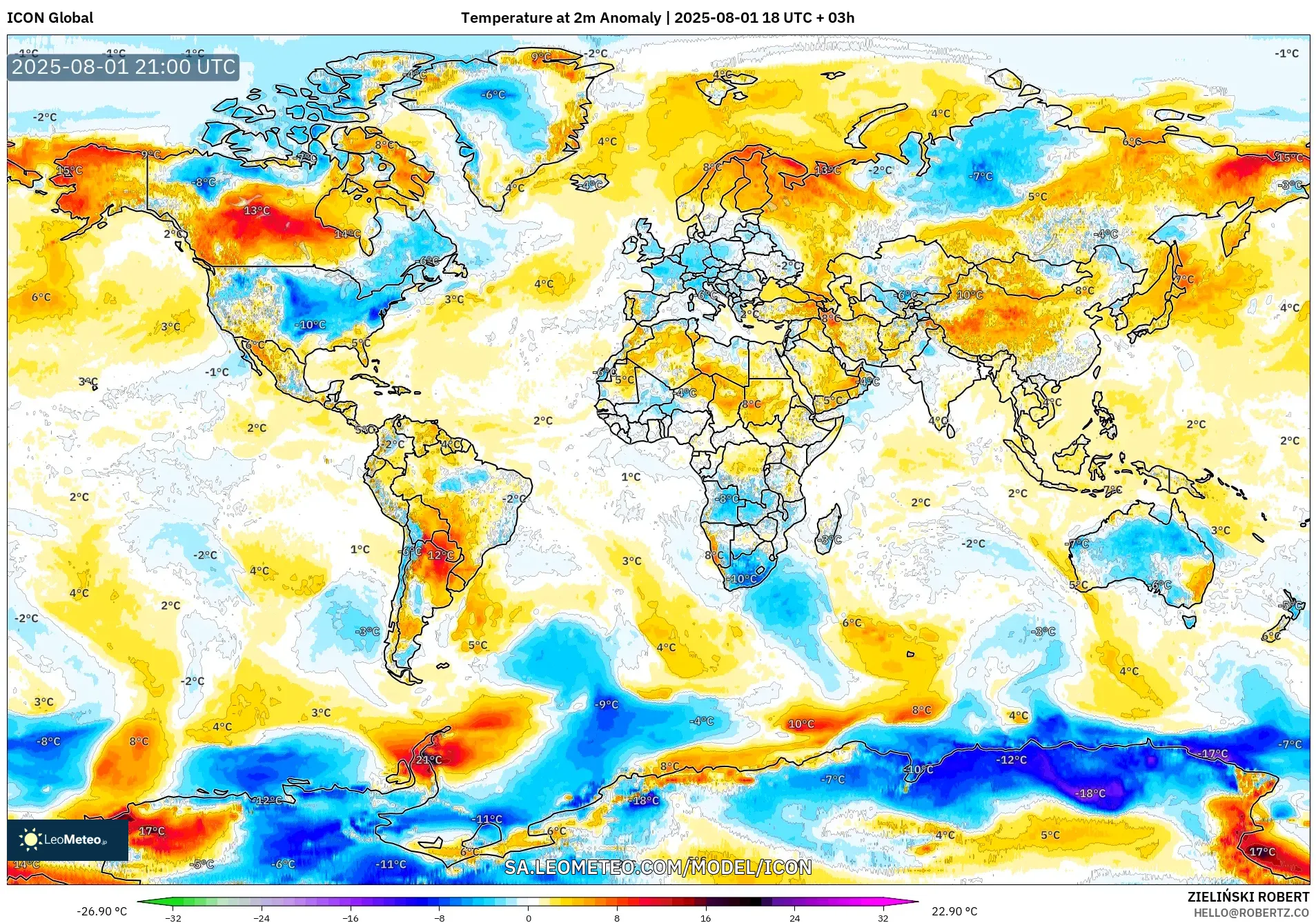 ICON model - World, Temperature at 2m Anomaly ICON model - World, Temperature at 2m Anomaly