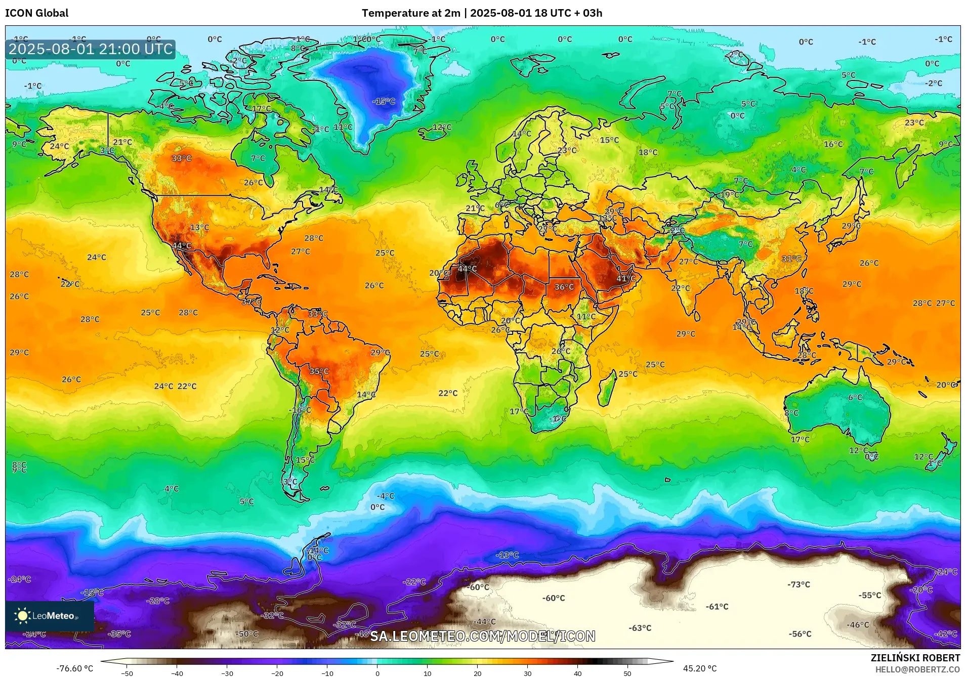 ICON model - World, Temperature at 2m ICON model - World, Temperature at 2m