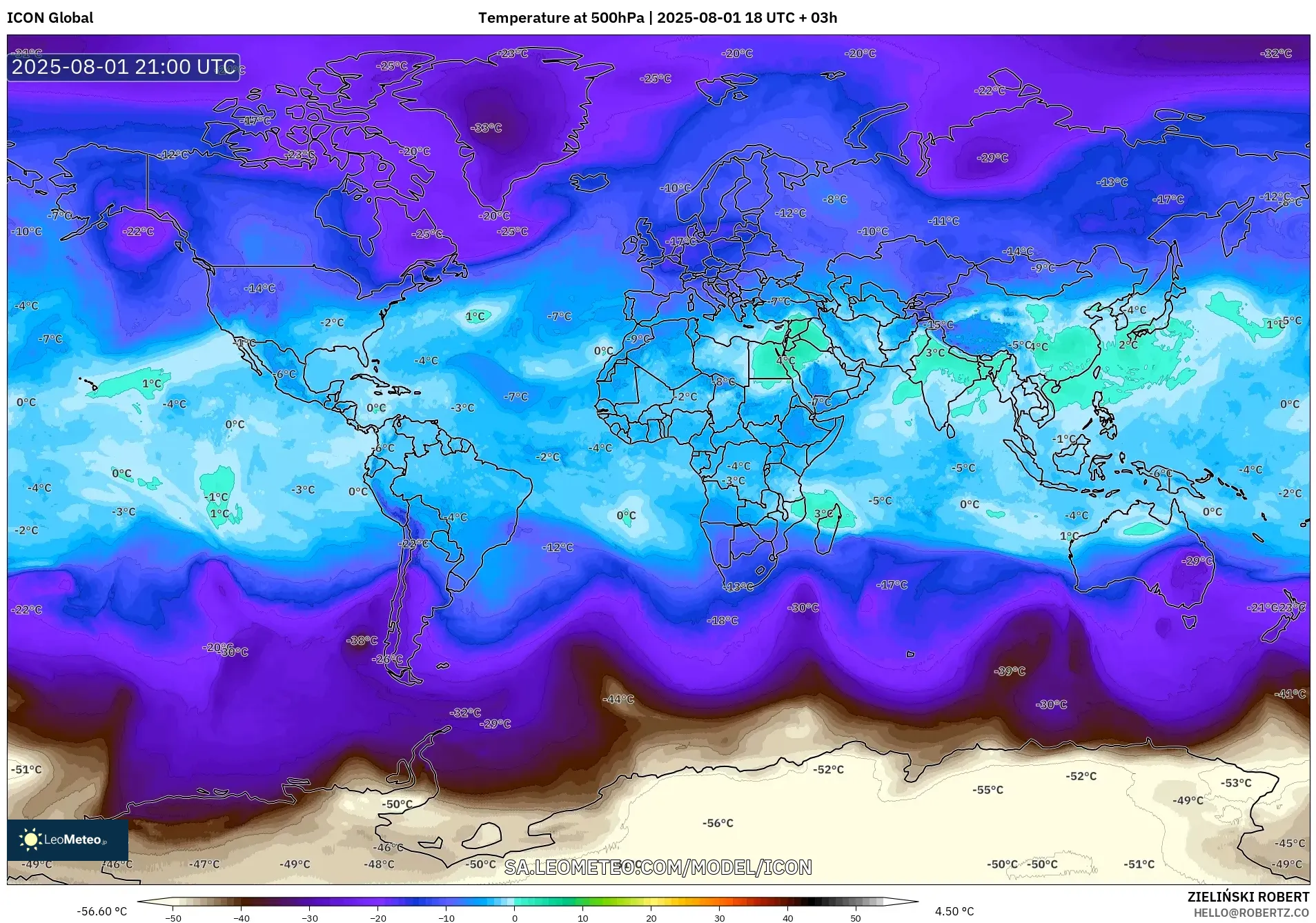 ICON model - World, Temperature at 500hPa ICON model - World, Temperature at 500hPa
