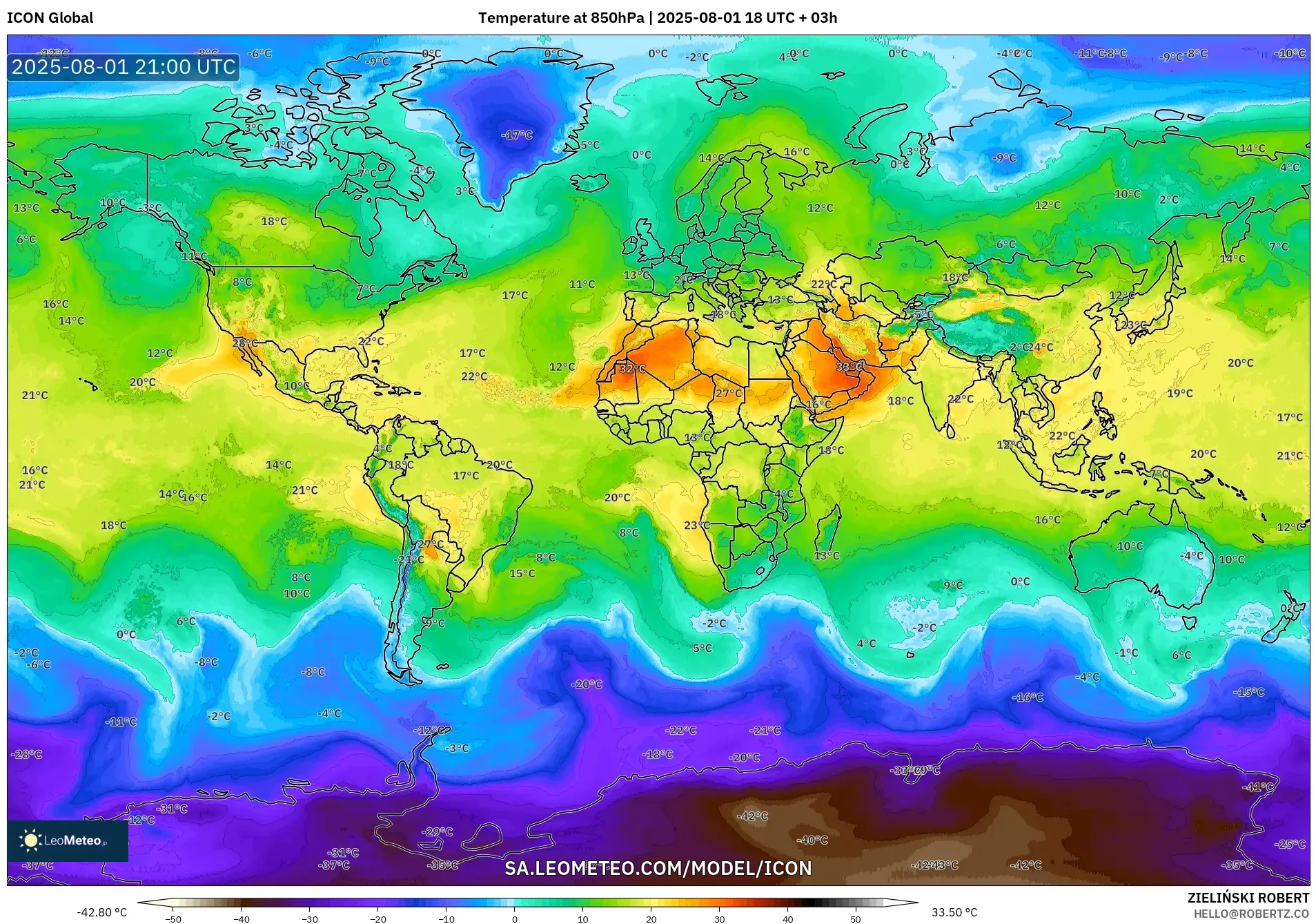 ICON model - World, Temperature at 850hPa ICON model - World, Temperature at 850hPa