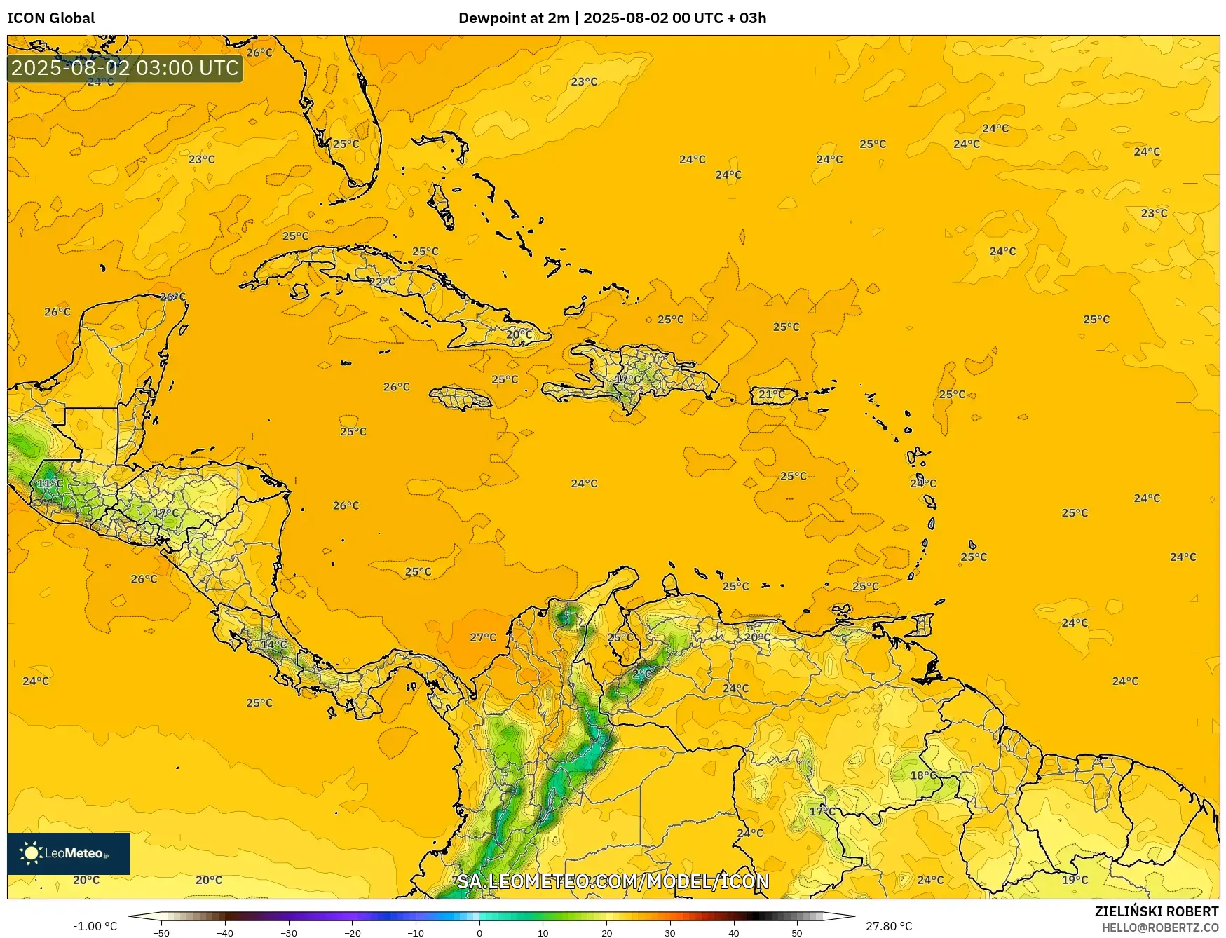 ICON model - Caribbean, Dewpoint at 2m