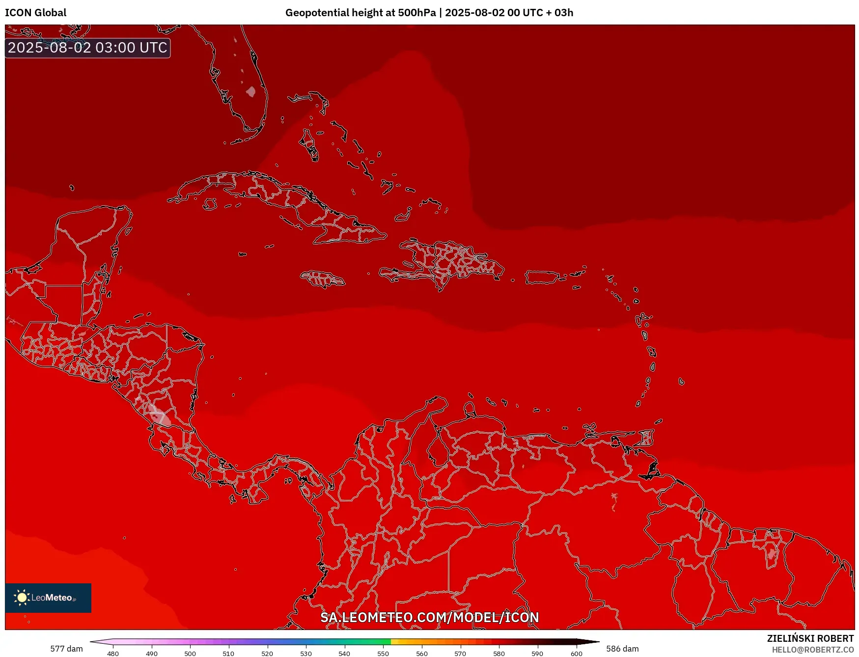 ICON model - Caribbean, Geopotential height at 500hPa