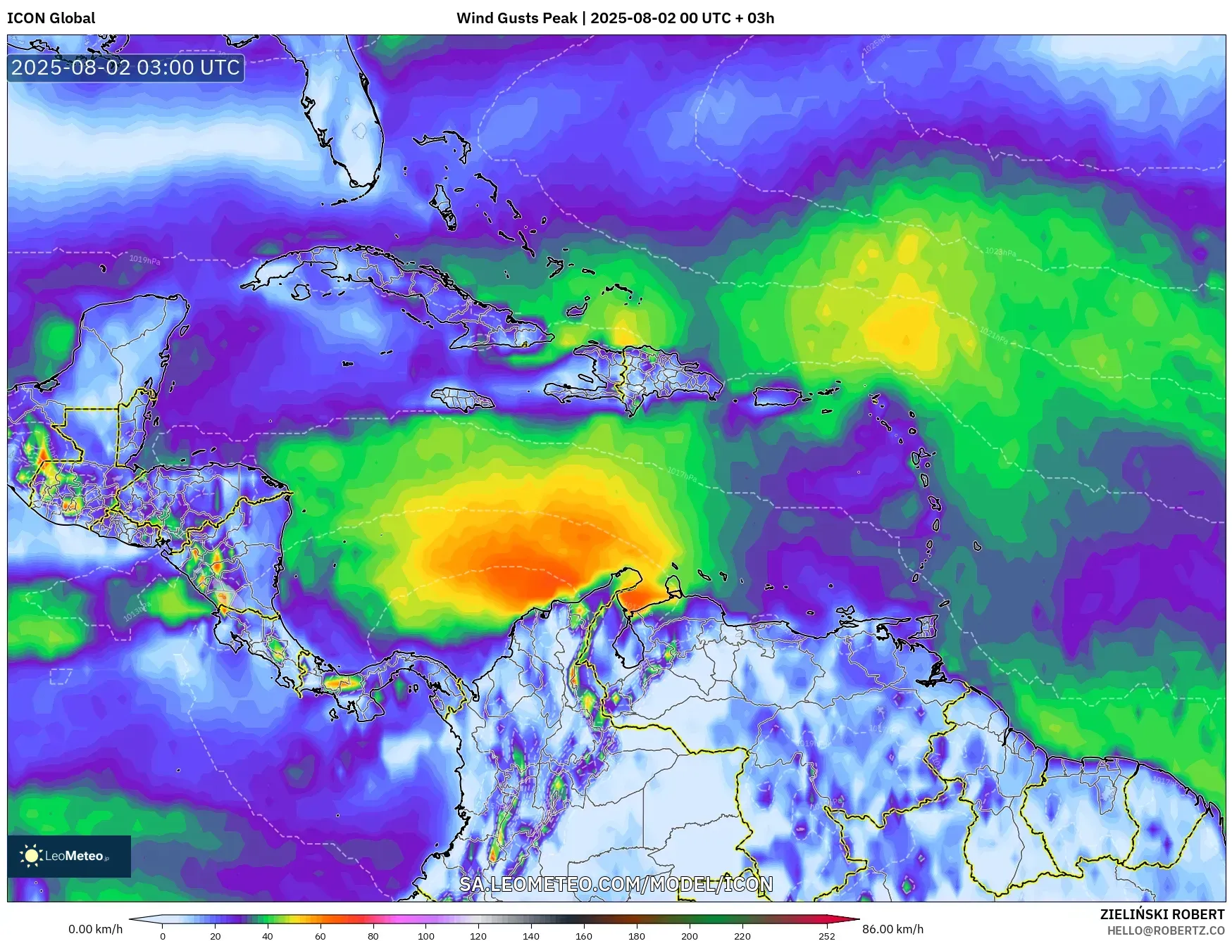ICON model - Caribbean, Wind Gusts Peak ICON model - Caribbean, Wind Gusts Peak