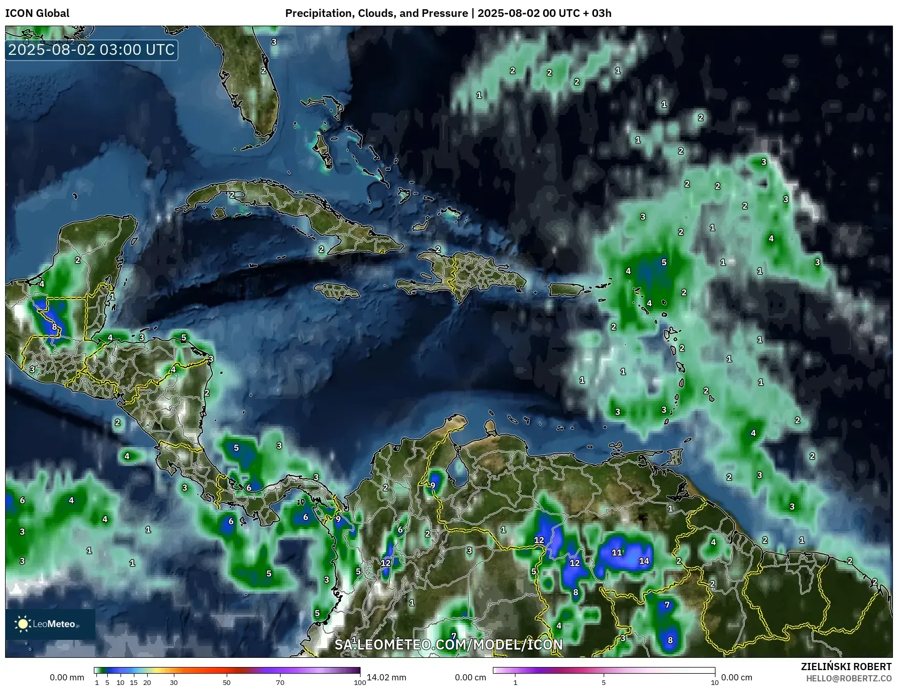 ICON model - Caribbean, Precipitation, Clouds, and Pressure ICON model - Caribbean, Precipitation, Clouds, and Pressure