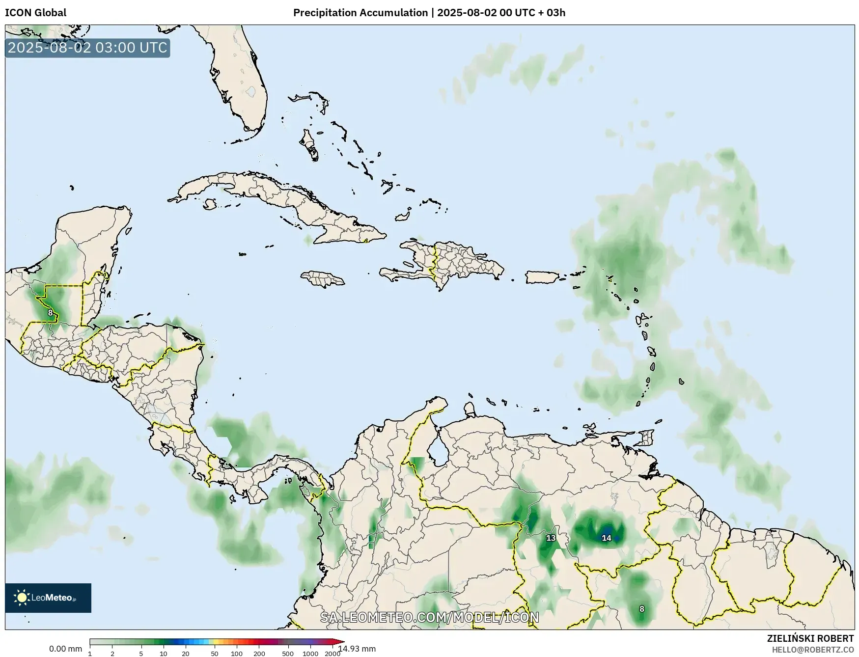 ICON model - Caribbean, Precipitation Accumulation ICON model - Caribbean, Precipitation Accumulation