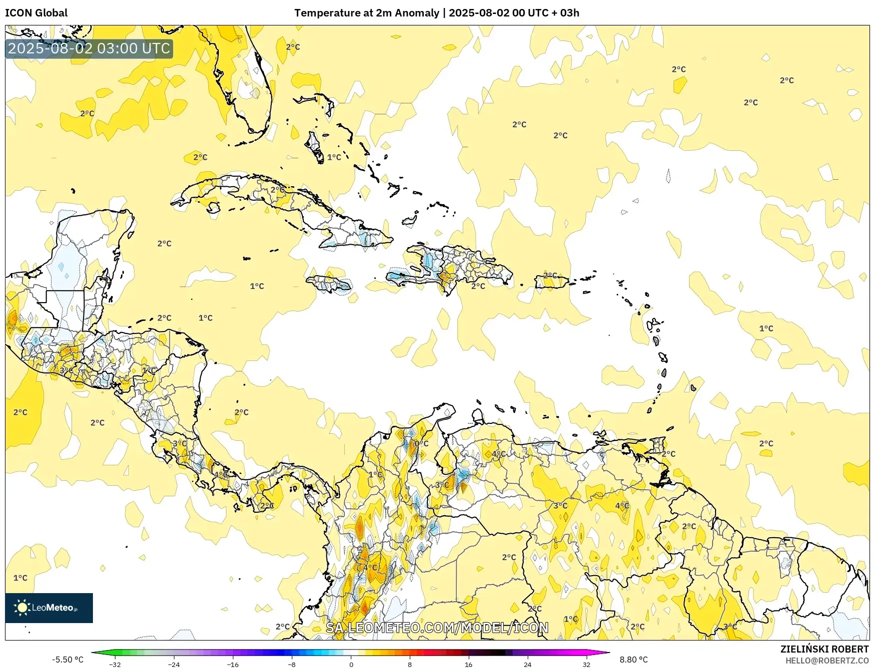ICON model - Caribbean, Temperature at 2m Anomaly ICON model - Caribbean, Temperature at 2m Anomaly