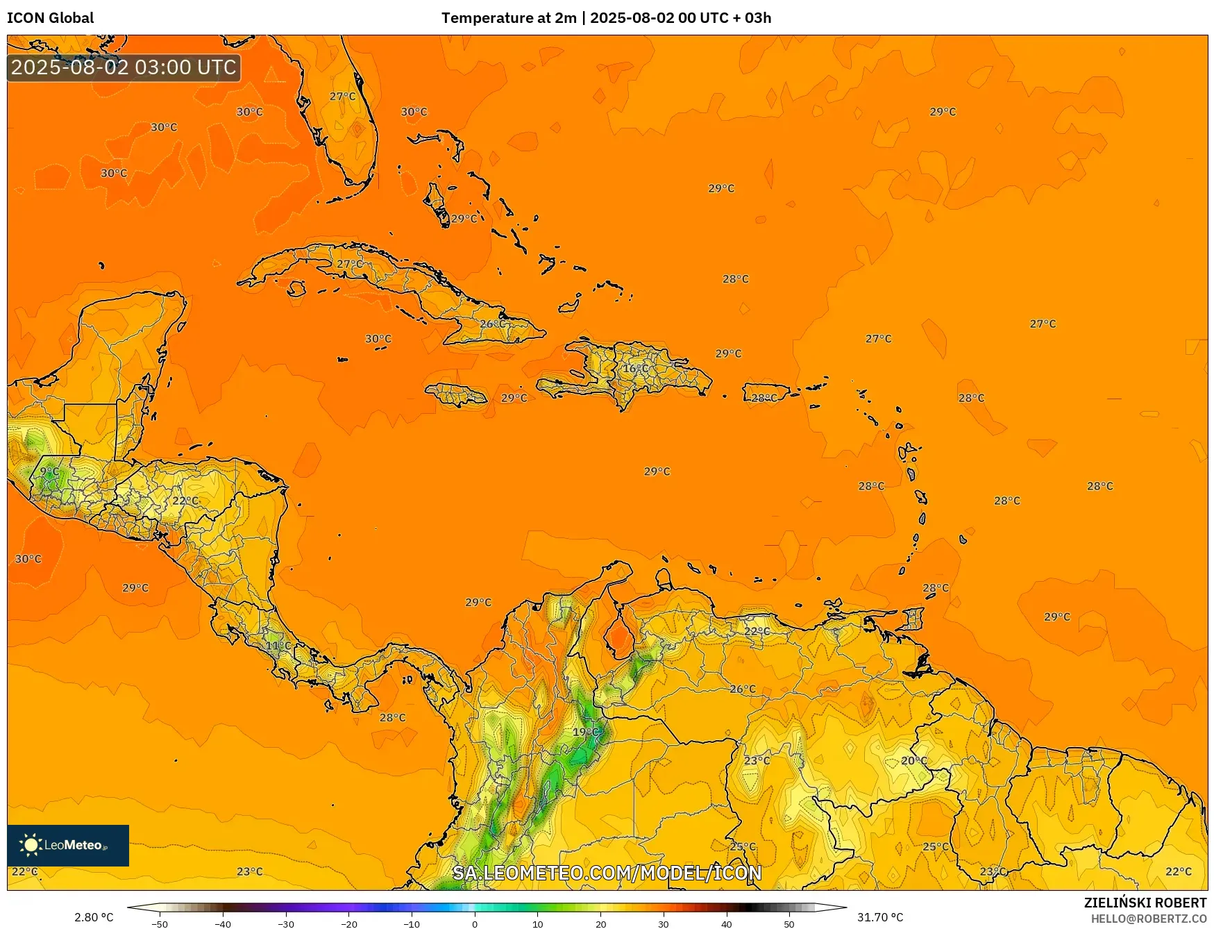 ICON model - Caribbean, Temperature at 2m