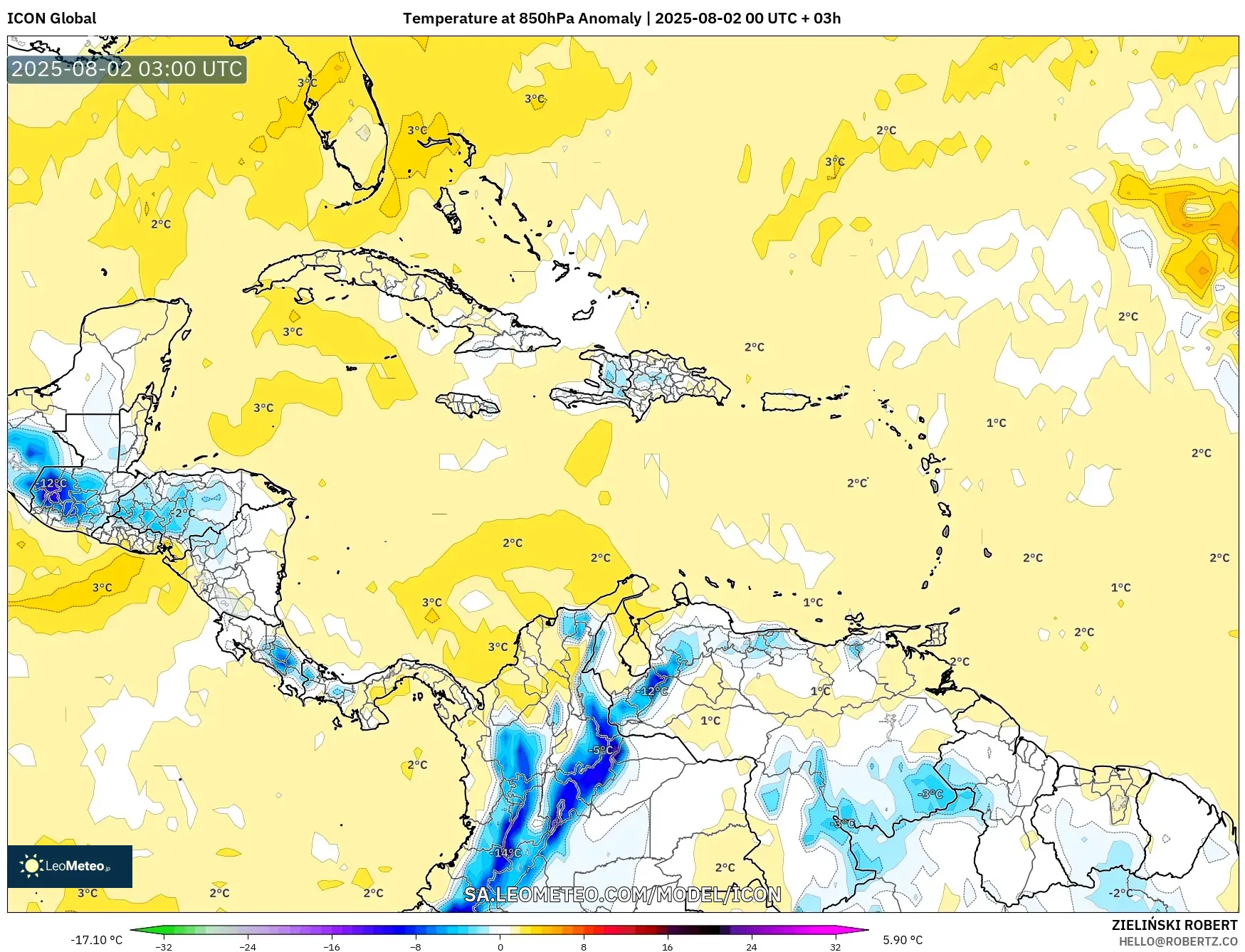 ICON model - Caribbean, Temperature at 850hPa Anomaly ICON model - Caribbean, Temperature at 850hPa Anomaly