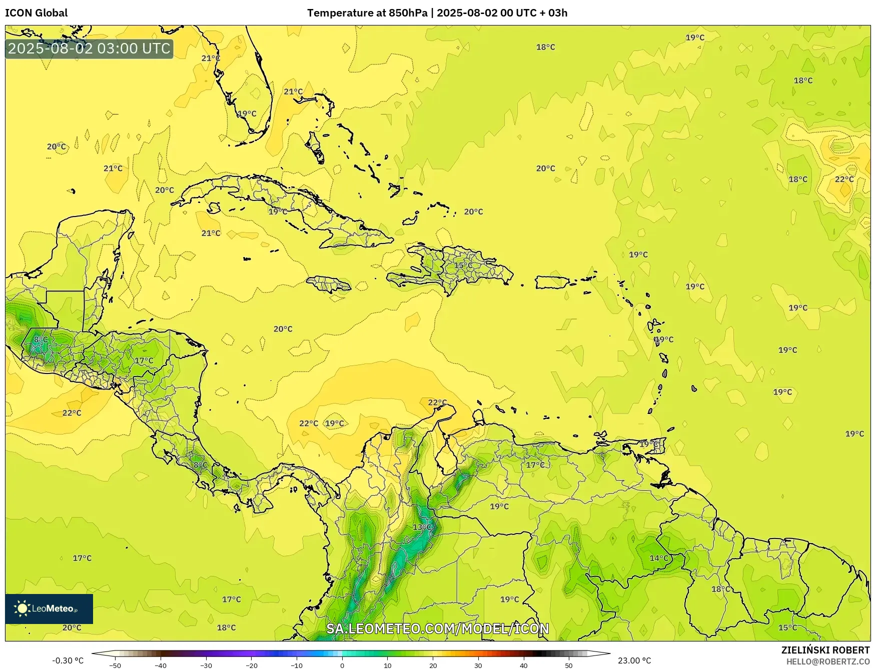 ICON model - Caribbean, Temperature at 850hPa