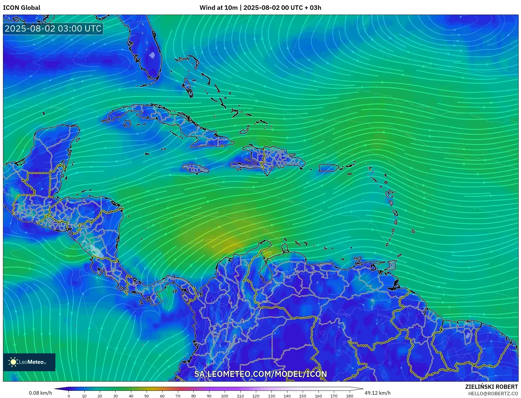 ICON model - Caribbean, Wind at 10m ICON model - Caribbean, Wind at 10m