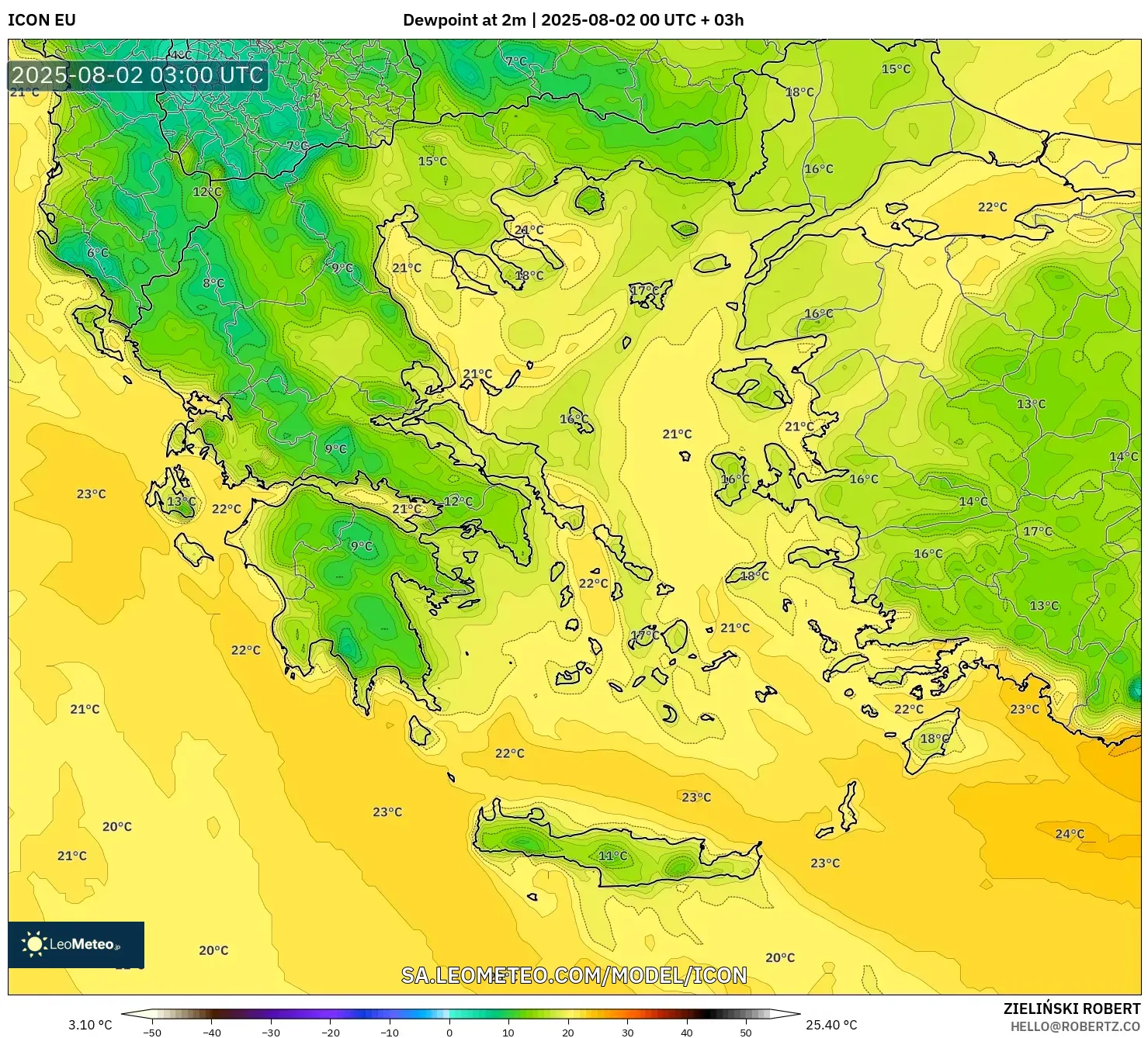 ICON model - Greece, Dewpoint at 2m ICON model - Greece, Dewpoint at 2m