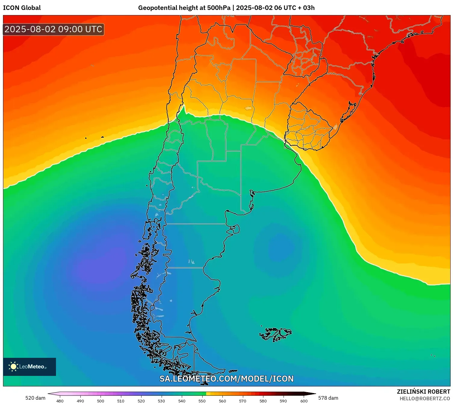 ICON model - Argentina, Ketinggian geopotensial pada 500 hPa ICON model - Argentina, Ketinggian geopotensial pada 500 hPa