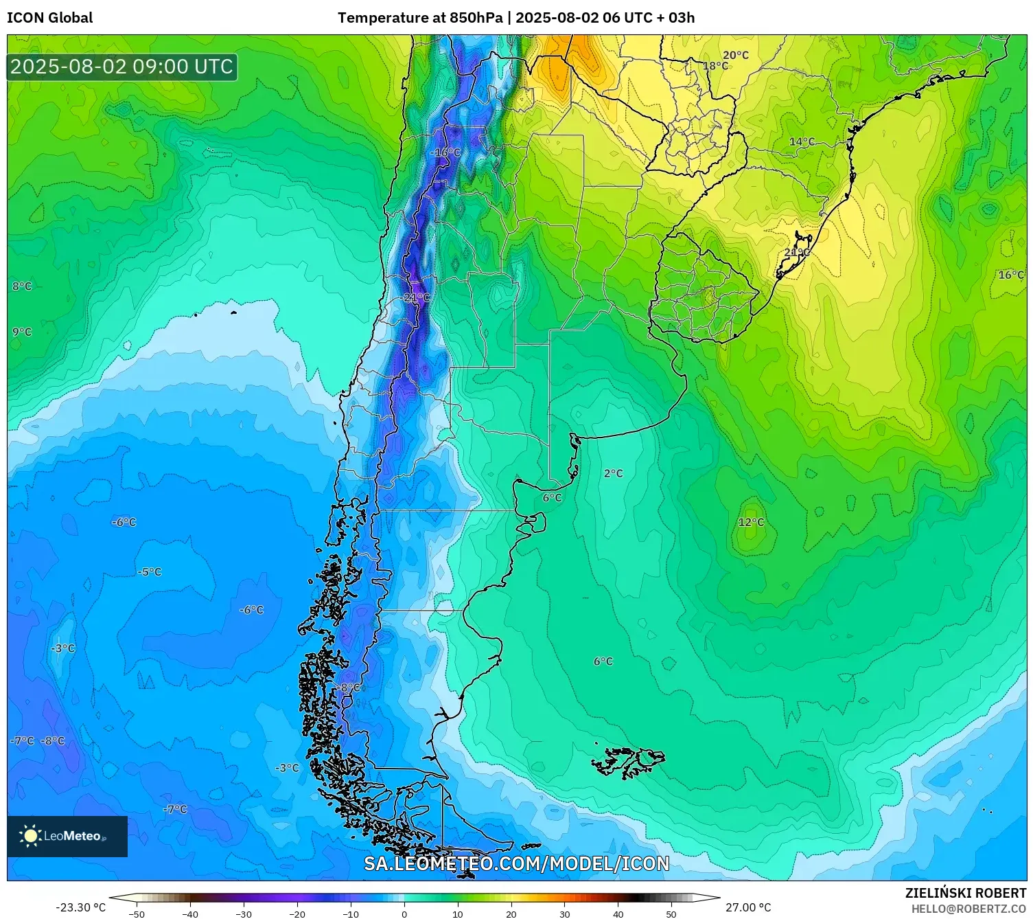 ICON model - Argentina, Suhu 850 hPa ICON model - Argentina, Suhu 850 hPa