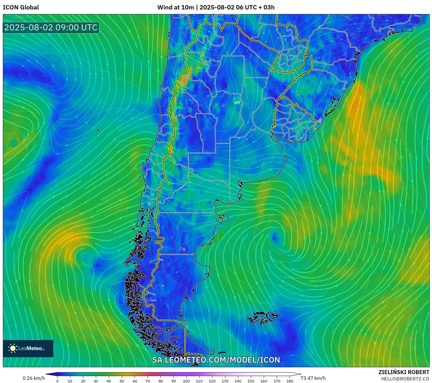 ICON model - Argentina, Angin 10 m ICON model - Argentina, Angin 10 m