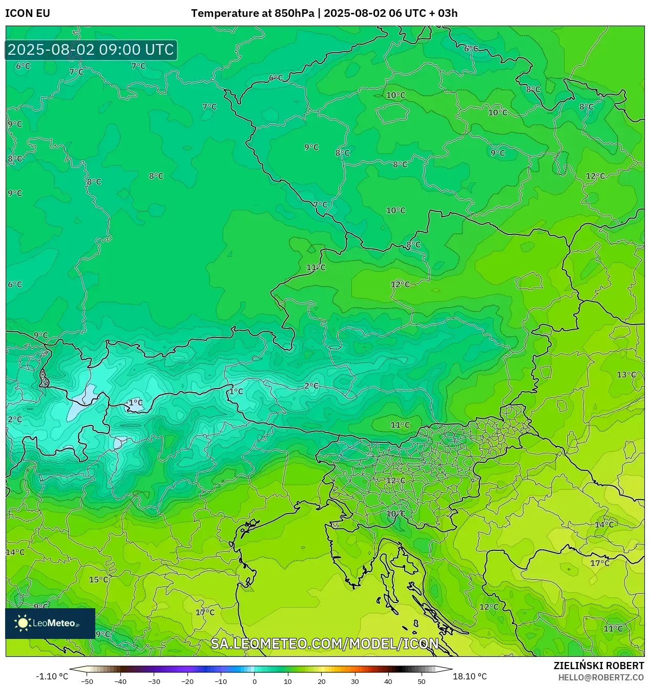 ICON model - Austria, Suhu 850 hPa ICON model - Austria, Suhu 850 hPa