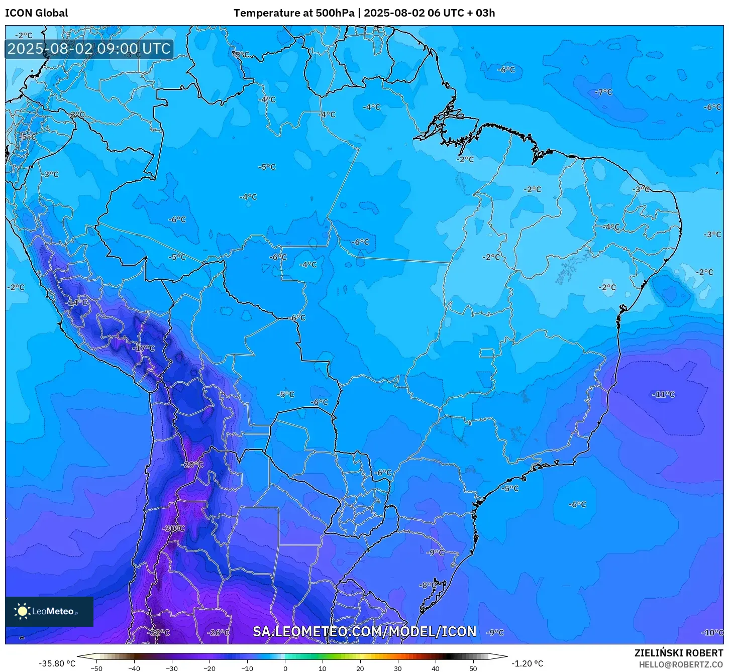 ICON model - Brazil, Suhu 500 hPa ICON model - Brazil, Suhu 500 hPa